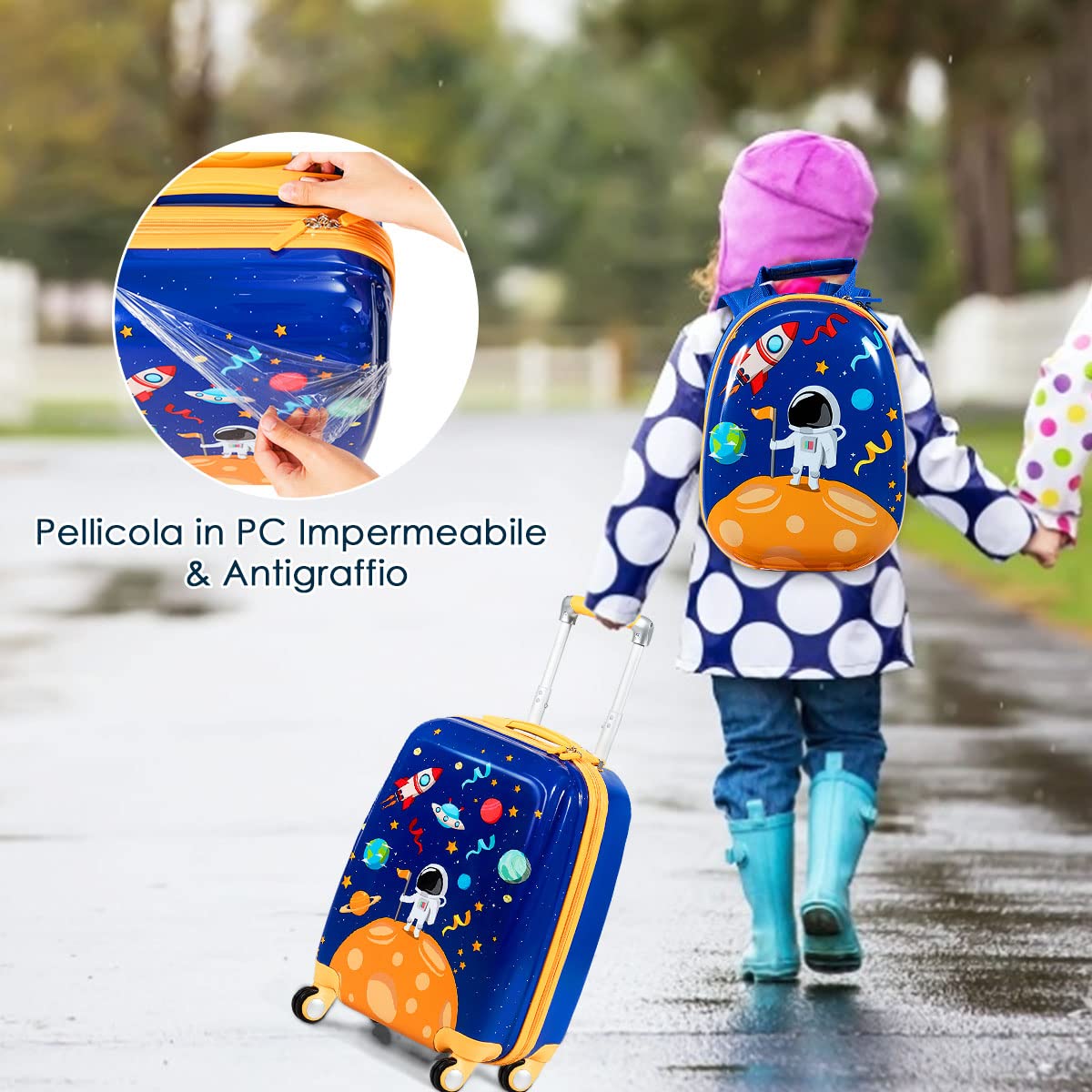 RELAX4LIFE Set Valigia Bambini 2 in 1 Astronauta Spazio Blu Royal Giallo (Trolley18 + Zaino 12") con Ruote 360°, Maniglia Regolabile, Zaino con Piedini | ABS Resistente |Ideale per Viaggi e Scuola