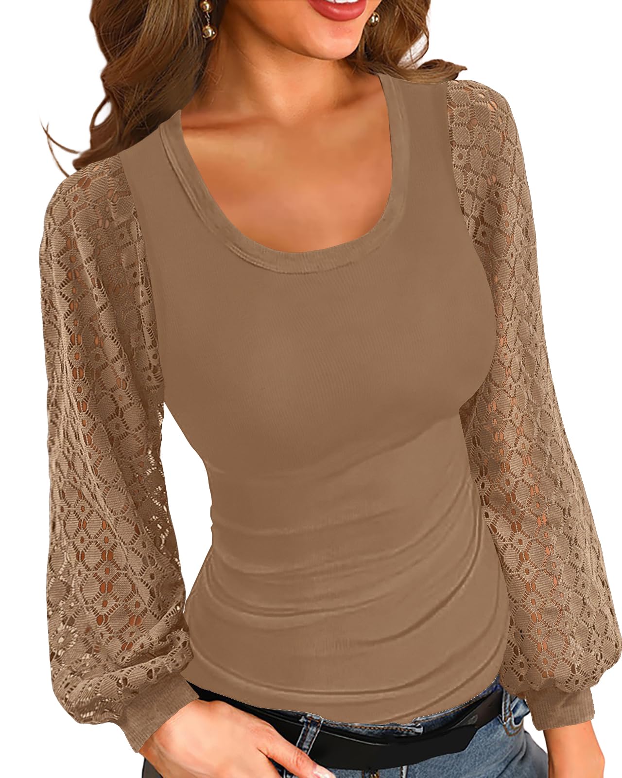 Basicspace Damen solide Farbe Spitze Langarm-Shirt Rundhalsausschnitt einzigartiges Design T Shirt haben Herbst und Winter atmungsaktiv Stretch hautfreundliche Tops