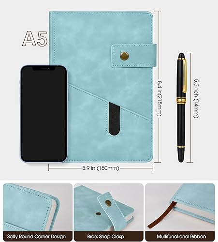 Miniatura 2 de Cuaderno de cuero rayado A5 para hombres y mujeres, diario de tapa dura de 5.9 x 8.4 pulgadas con bolígrafo, 200 páginas de papel rayado grueso de