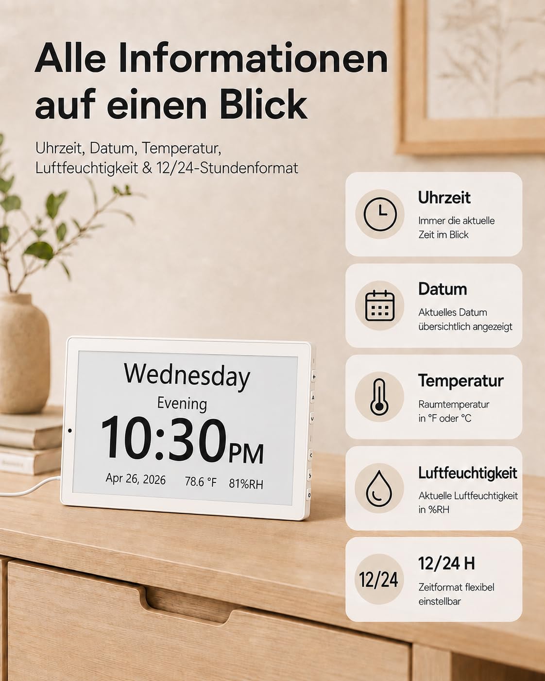 Roxicosly 10.1' Digitaler Kalender, Digital Uhr mit 20 Alarmen & Erinnerungen, 12 Themen, 12/24HTemperatur & Luftfeuchtigkeit, Dimmbar & 6 Sprachen, DST, USB & SD, Wecker Digital für Senioren