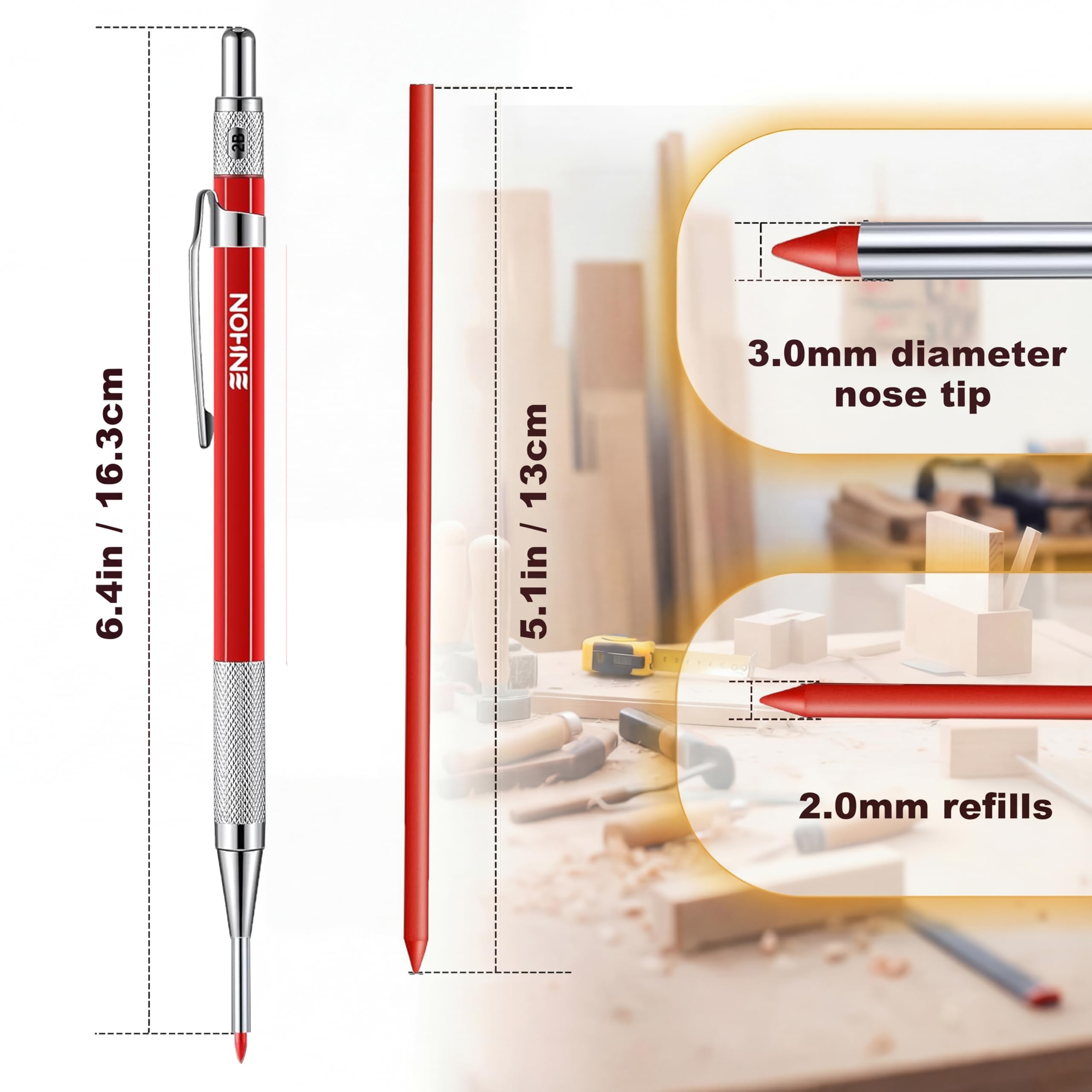 Enhon 2mm Carpenter Pencil Set with 12 Refills and Sharpener, Red — Amazon image 2