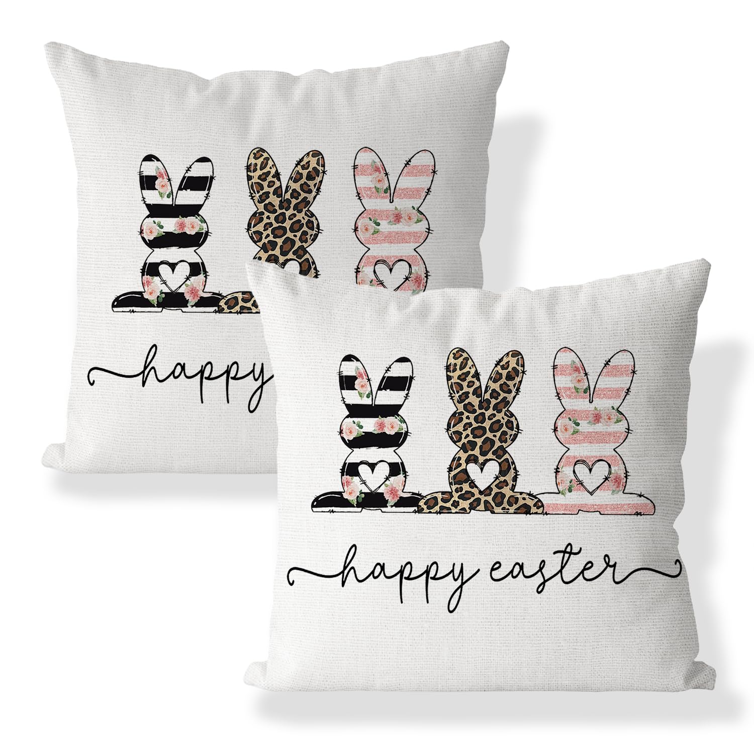 Photo 1 of AOFANGGO Easter Pillow Covers 18x18 inch Bunny Flowers Throw Pillow Stipes Leopard Pink Spring Decorations Cushion Cover for Bed Chair Sofa Couch