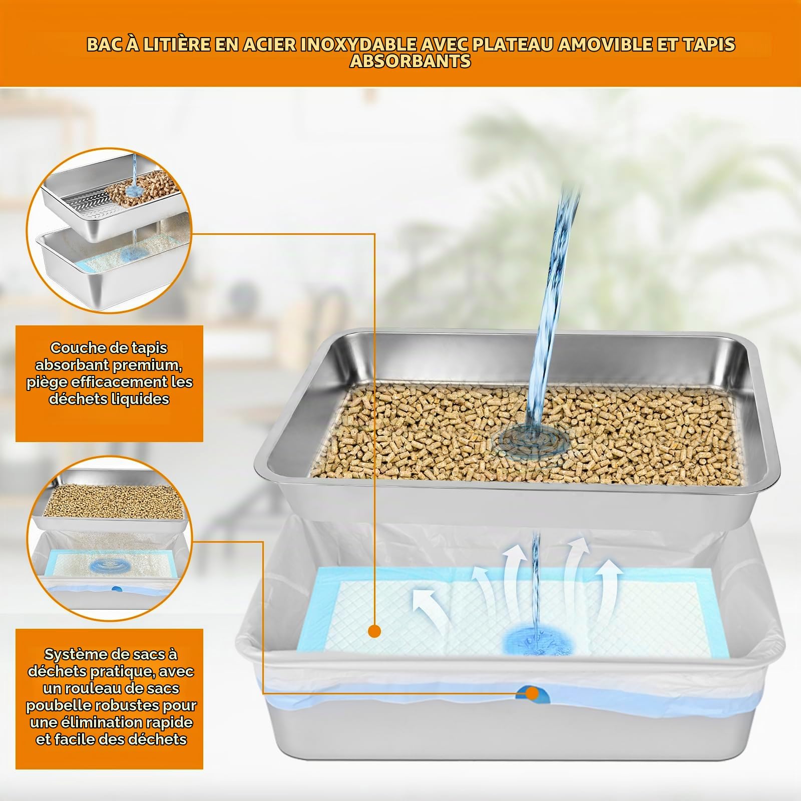 Homegroove Litière pour chat en acier inoxydable pour granulés de pin - 60 x 40 x 15 cm - Bord haut - Litière en métal avec couvercle - Pelle en plastique et 10 tampons d'urine (15,2 cm)