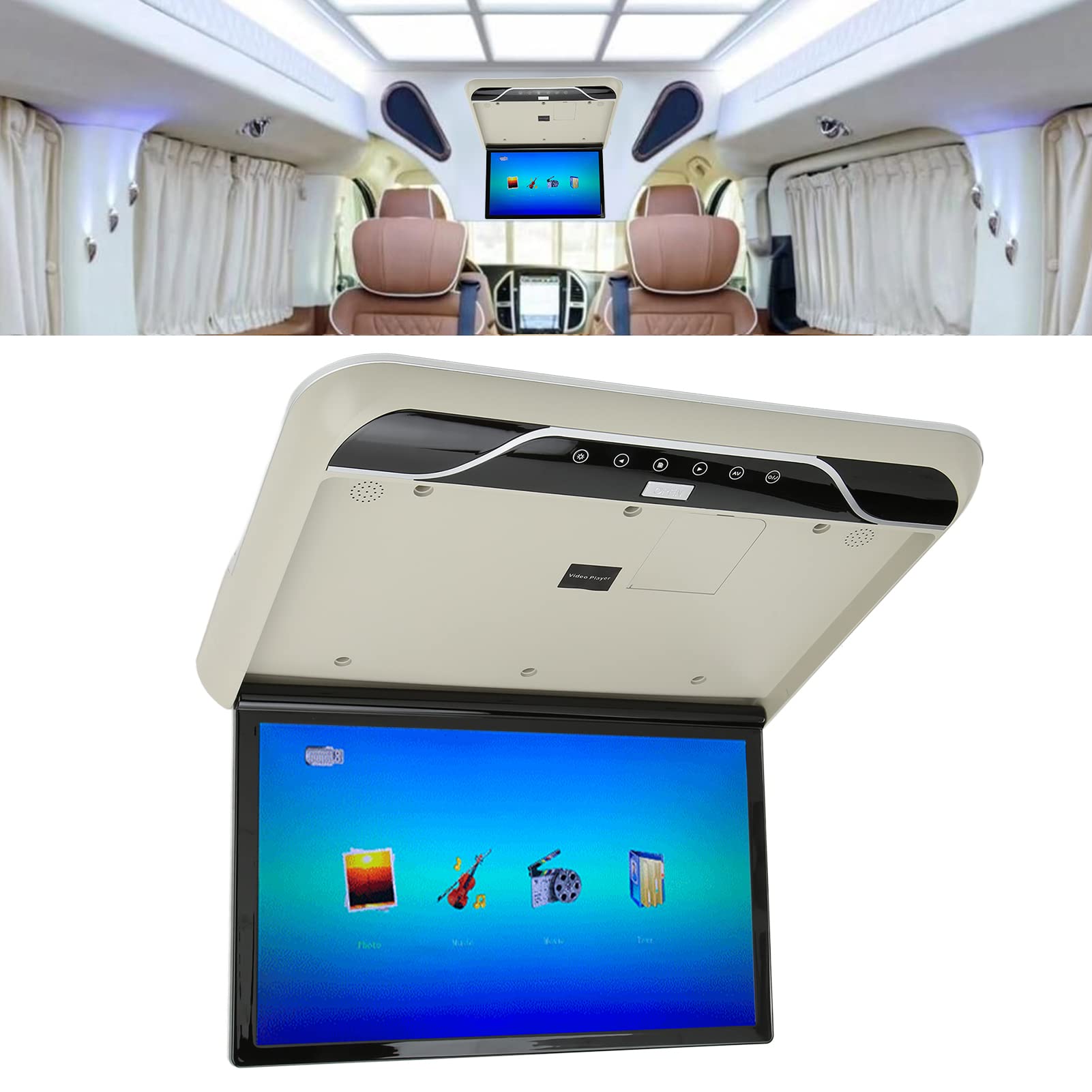 Cahead Lecteur Vidéo, 45 cm Cahead Moniteur Voiture Montage Plafond Écran LCD Pliable 1080P 16 Couleurs Contrôle Tactile Atmosphère Lumière Entrée USB (Gris)