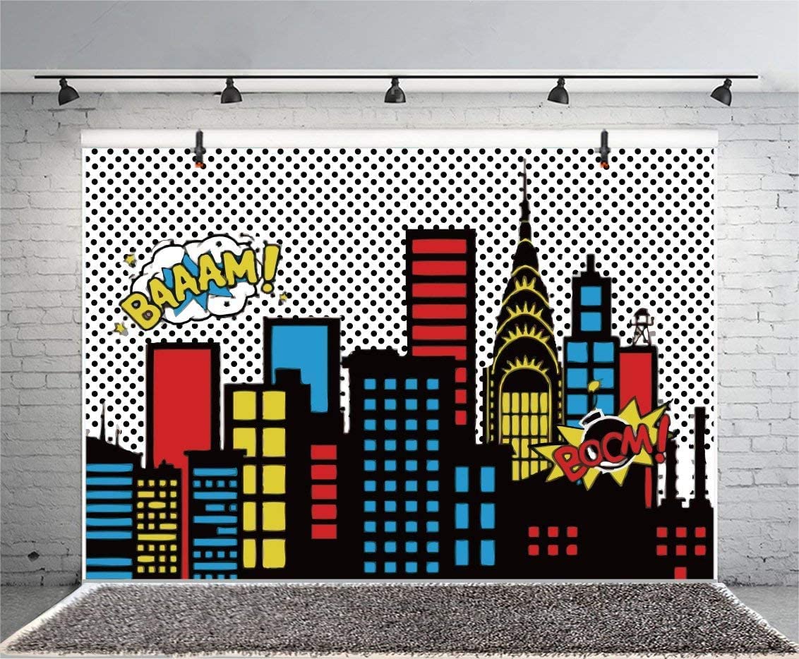 Yeele 12x8ft Cartoon Comic Super Hero City Photography Backdrop Vinyl Humor Abstract Superhero Baby Shower Photo Background for Girl Birthday Party Photo Video Shoot Studio Prop Wallpaper