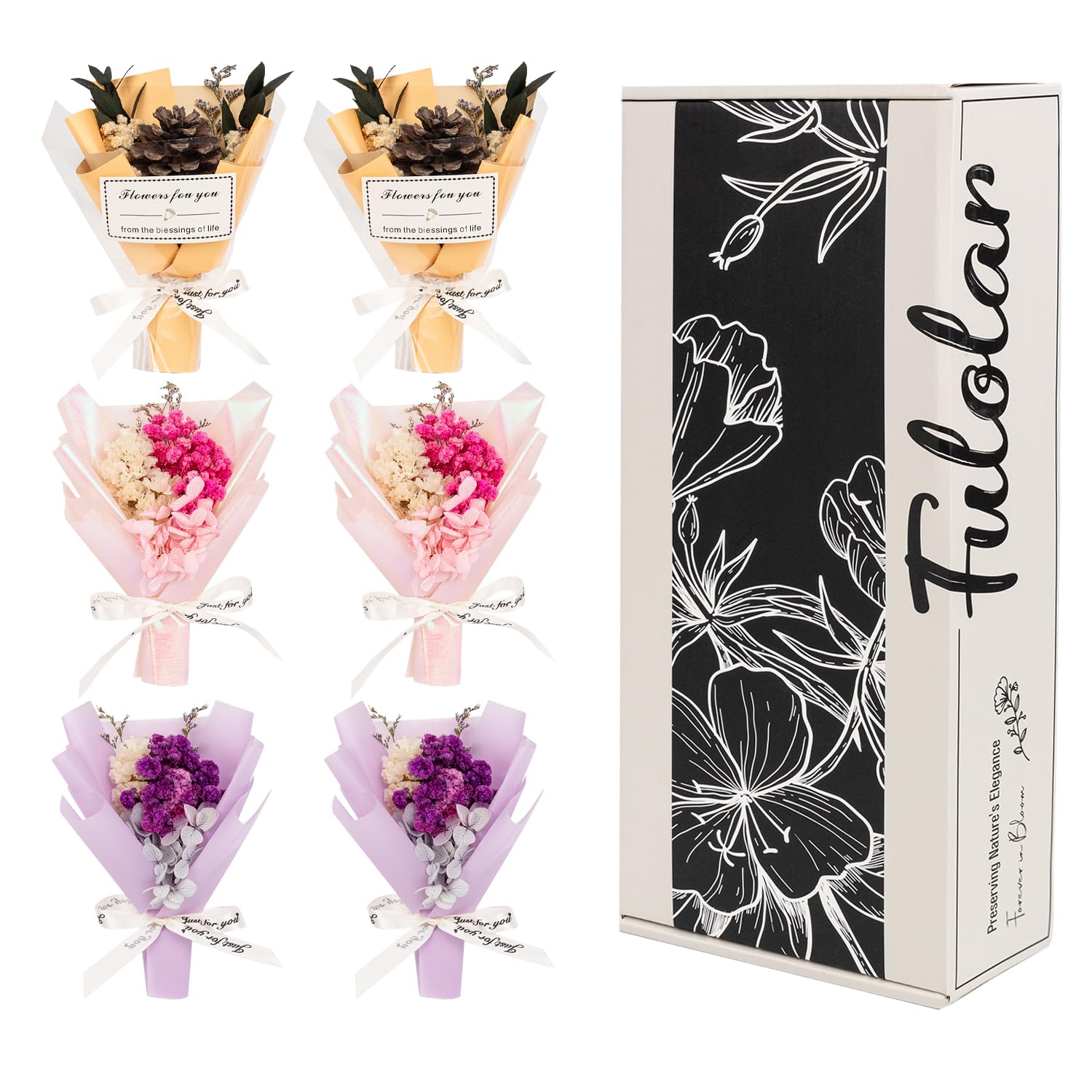 6 Pack Mini Flower Bouquet, Real Dried Preserved Mix Bouquet for Bridal Baby Shower Wedding Party Boho Decor Gift DIY Crafts (Pinecone)