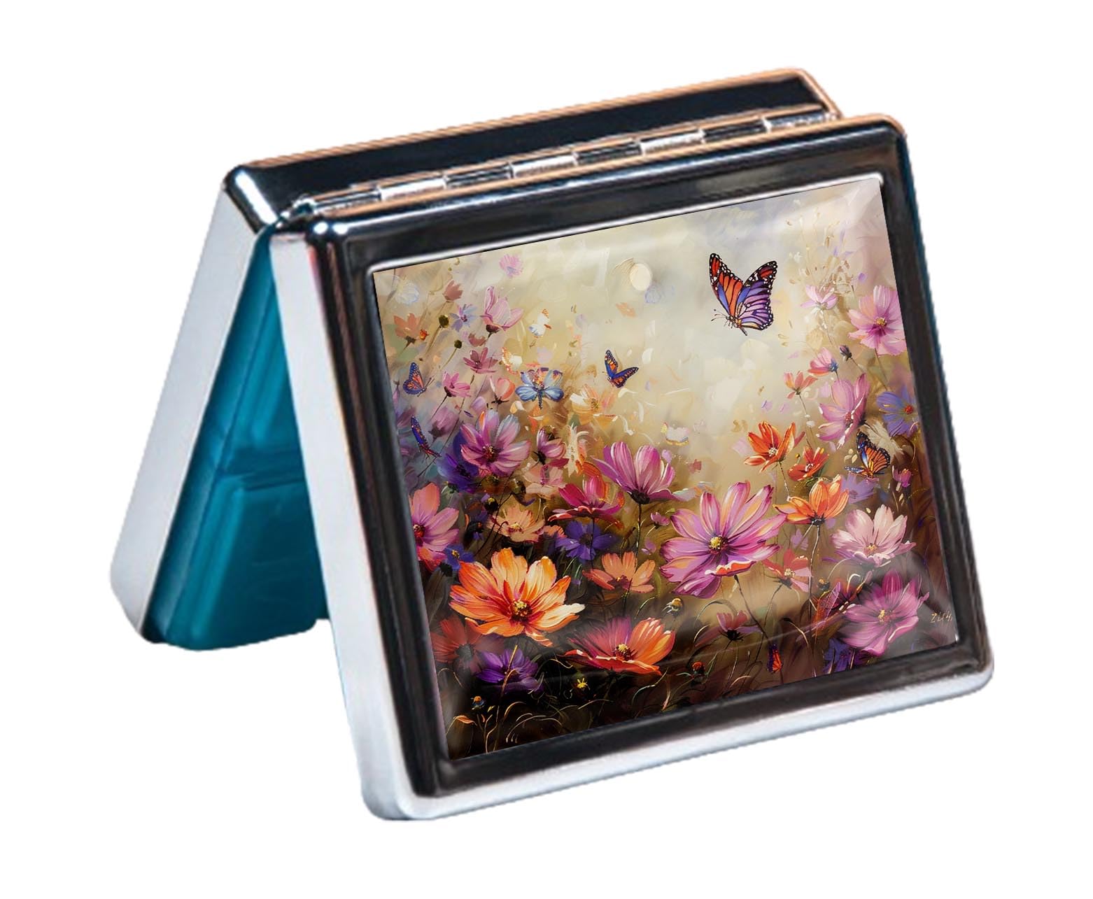 Pilulier 7 jours chromé argenté brillant avec miroir à l'intérieur, 8 compartiments séparés, rectangulaire, rangement polyvalent pour médicaments – Accessoire de voyage idéal (papillons en fleurs)