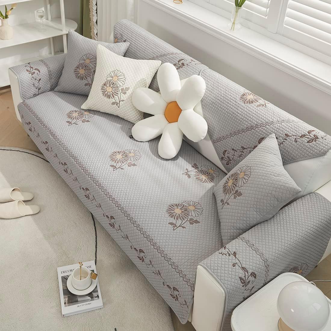vctops Farmhouse Floral Embroidery Sofa Cover Cotton Quilted Sectional Couch Covers Nonslip Sofa Slipcover for Dogs Cats Pet Love Seat Recliner Leather L Shaped, Armrest Backrest Cover(Grey,28"x47")
