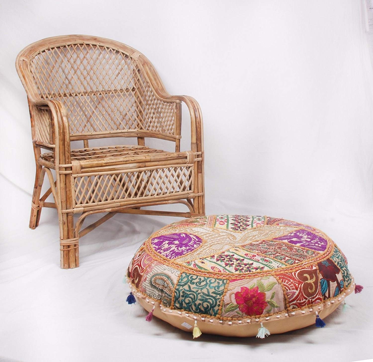 Sophia Art Round Floor Pillow Cushion Patchwork Pouf Ottoman Vintage Indian Foot Stool Bean Bag Floor Pillow Cover Home Decor Living Room Ottoman Bohemain Pillows (Beige, 28 Inch)