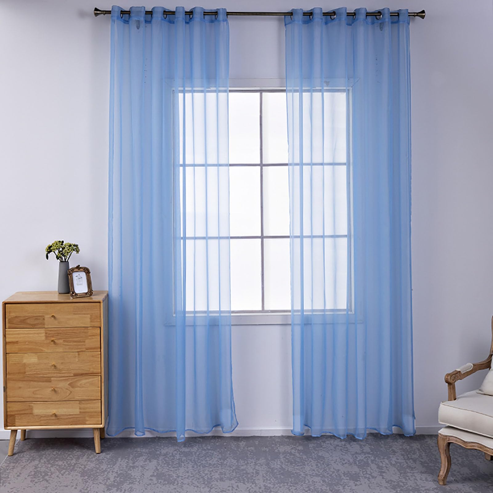 BOYOUTH Solid Color Sheer Voile Curtains,Grommets Window Gauze for Bedroom,Living Room,Hotel,Sky Blue,2 Panel,52 x 63 Inches