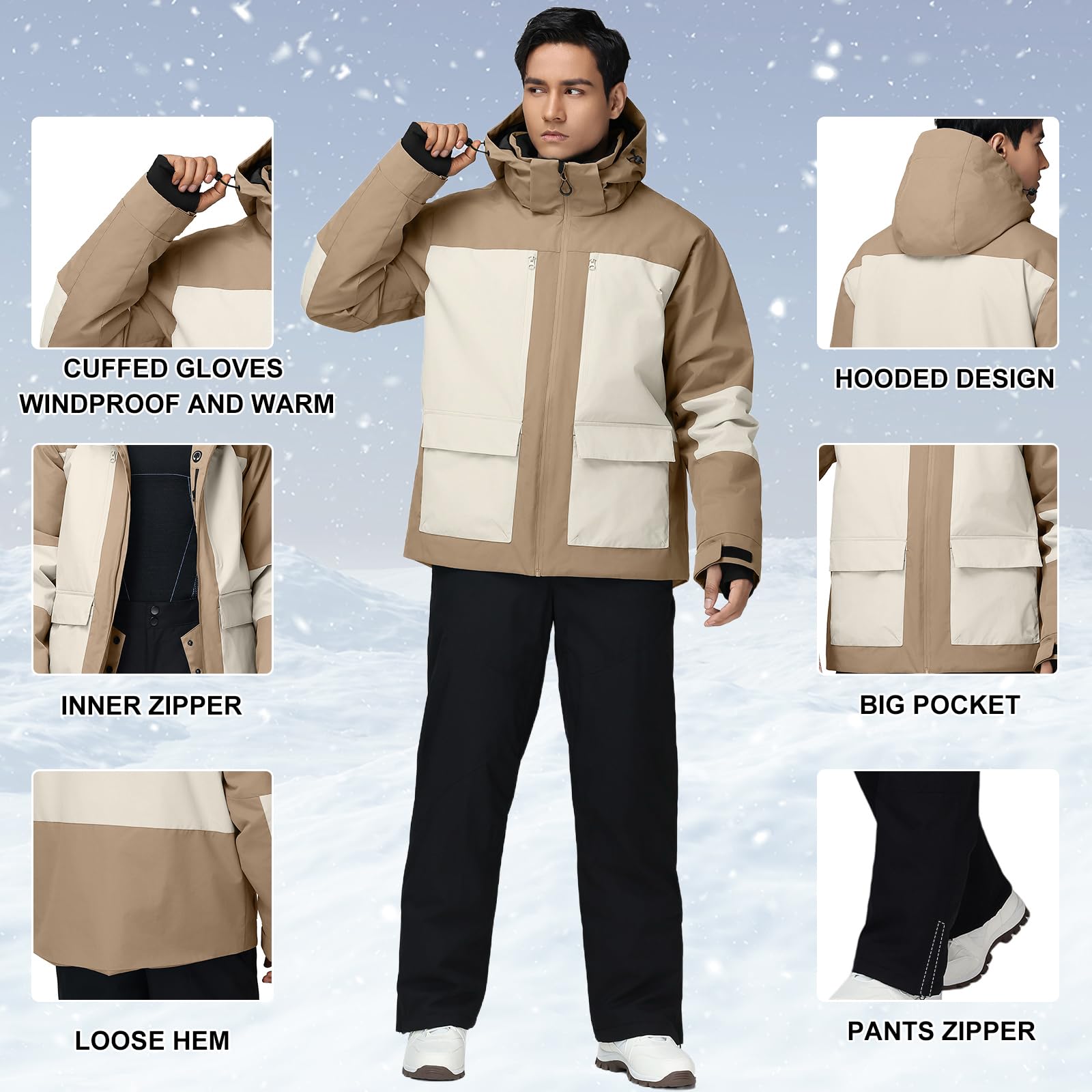 HOUZONIY Herren Schneeanzug Skijacke und Skihose Set Herren Zweiteilig Outdoor-Skikleidung Winddicht Ski Anzug Mit Kapuzen zum Skifahren Snowboarden