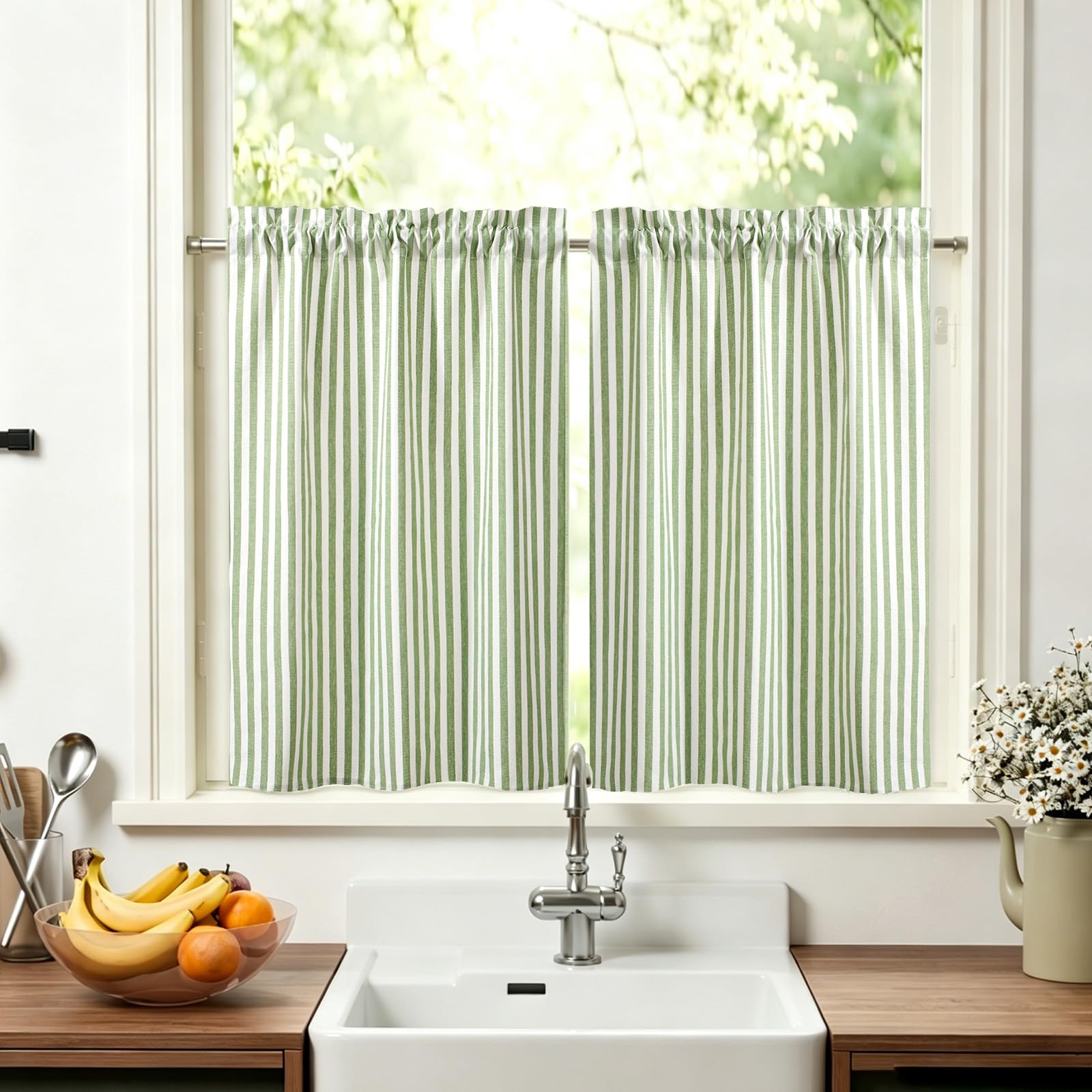Flgef Kitchen Curtains, 36 Inch Drop Green Striped Short Cafe Curtains, Polycotton Rod Pocket Light Filtering Curtains for Bathroom, Sink, Caravan, W 26 x L 36 Inch, 2 Panels