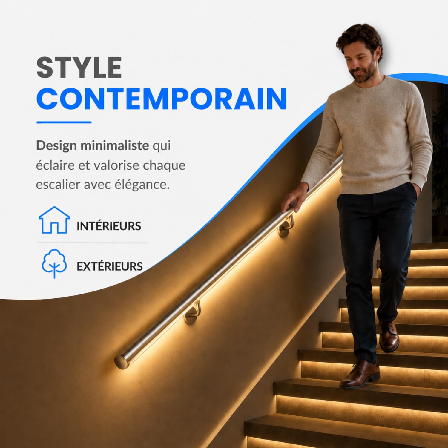 Rampe d'escalier en acier inoxydable avec LED blanc naturel, multicolore, prédisposition LED (190 cm, rampe avec LED lumière chaude 3000 K)