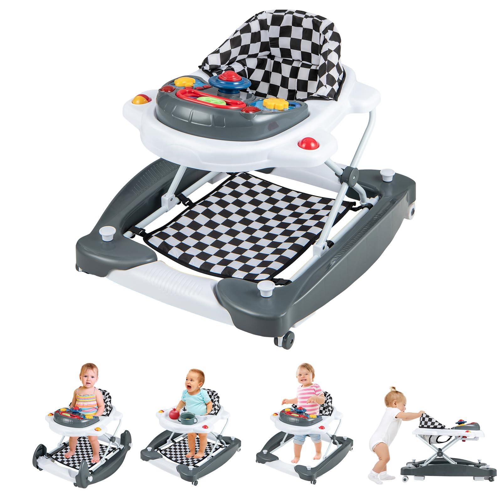 GYMAX 6 in 1 Baby Walker, Foldable Toddler Push Along Walker (Gray)