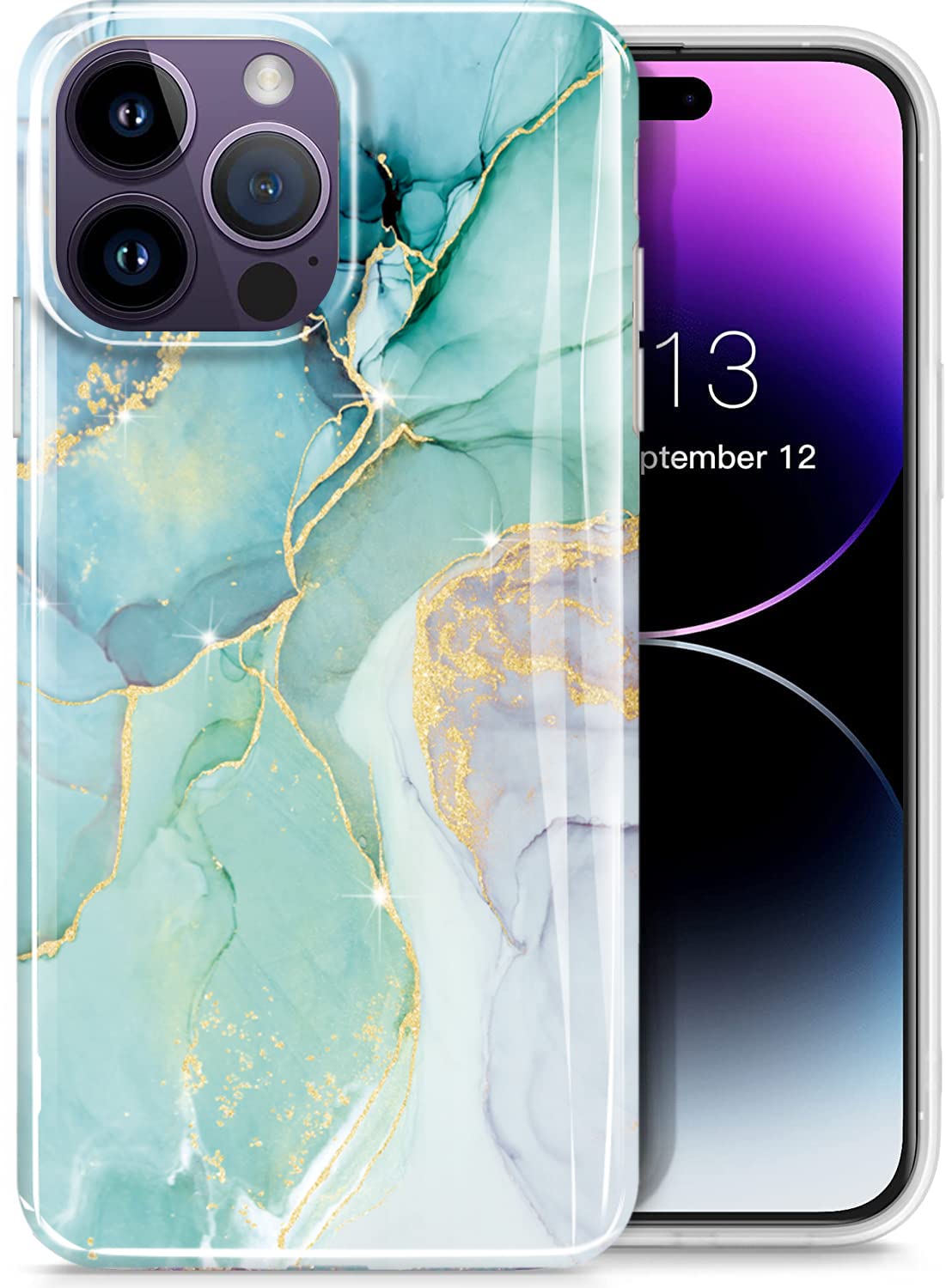 luolnhGold Glitter Sparkle Case Compatible with iPhone 14 Pro Case Marble Design Shockproof Slim Soft Silicone TPU Bumper Cover Phone Case for iPhone 14 Pro 6.1 Inch 2022-Abstract Mint