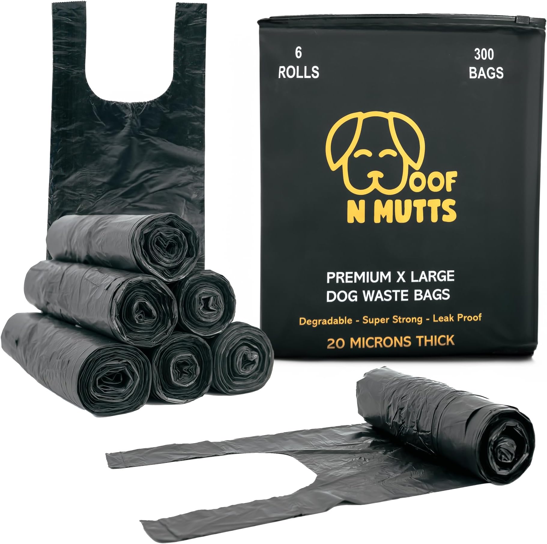 WOOF N MUTTS Extra Large Dog Poop Bags 6 Rolls of 50 Unscented - 300 Extra Thick Pet Poo Bags - 20 Microns- Strong Eco Bag 100% Leak Proof- Easy to Scoop, Tie & Tear Pocket Size Waste Refill - Black