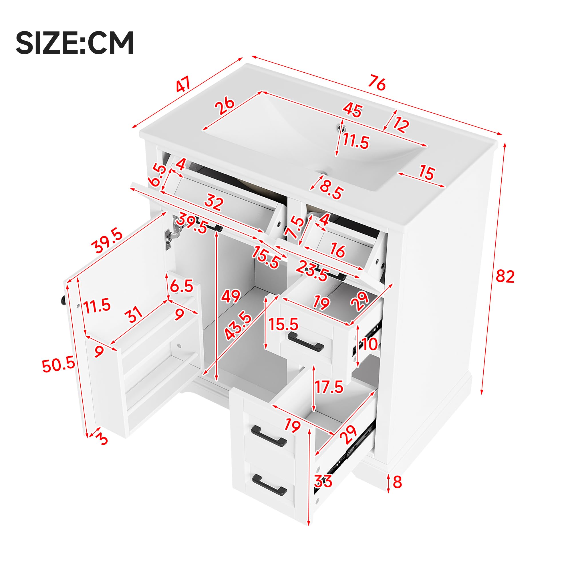 76 x 47 x 82 cm; mobiletto sottolavabo a pavimento; superficie verniciata; ante con funzione soft-close; estrazione laterale a due livelli; lavabo in ceramica integrato; mensola porta; bianco.