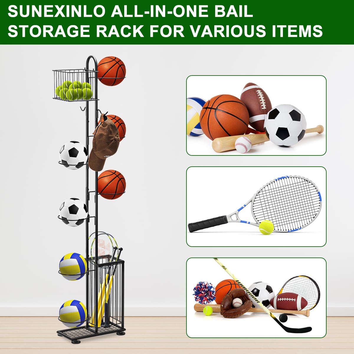 Sunexinlo Basketballball-Aufbewahrungsregal mit 7 Ebenen, freistehend, für Garage, Ball, Aufbewahrung, Sport, Organizer mit Korb für Volleyball, Fußball, Basketball, drinnen und draußen