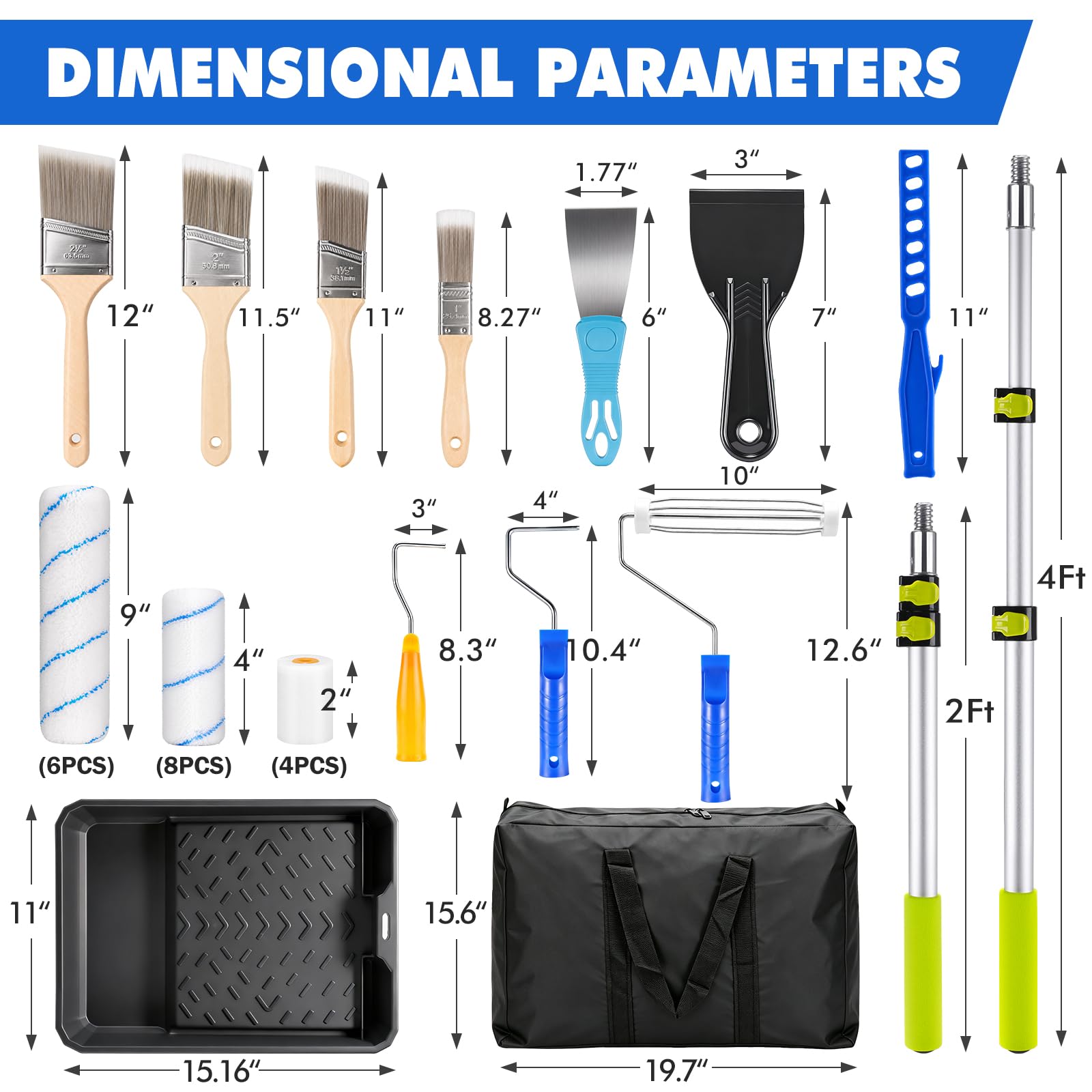 Kit de 41 rouleaux de peinture avec manche d'extension et sac de rangement