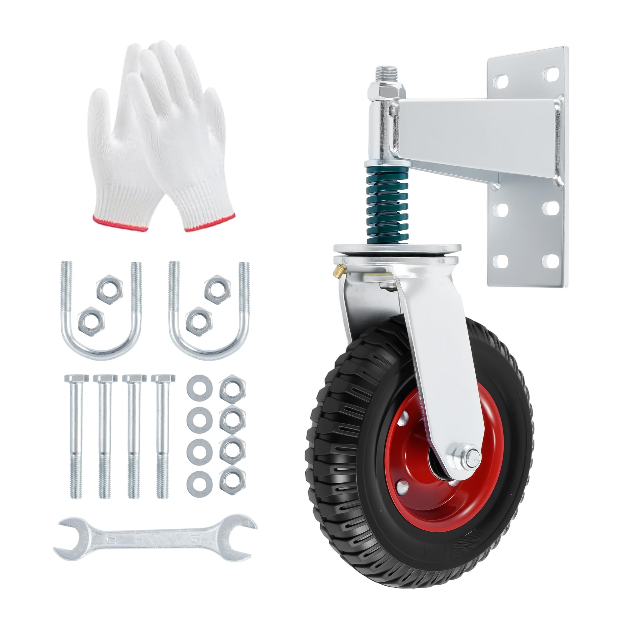Rueda de puerta de 20 cm, ruedas de carga de 360 resortes resistentes para puerta giratoria de tubo de metal, capacidad de carga de 500 libras con tornillos y llave inglesa