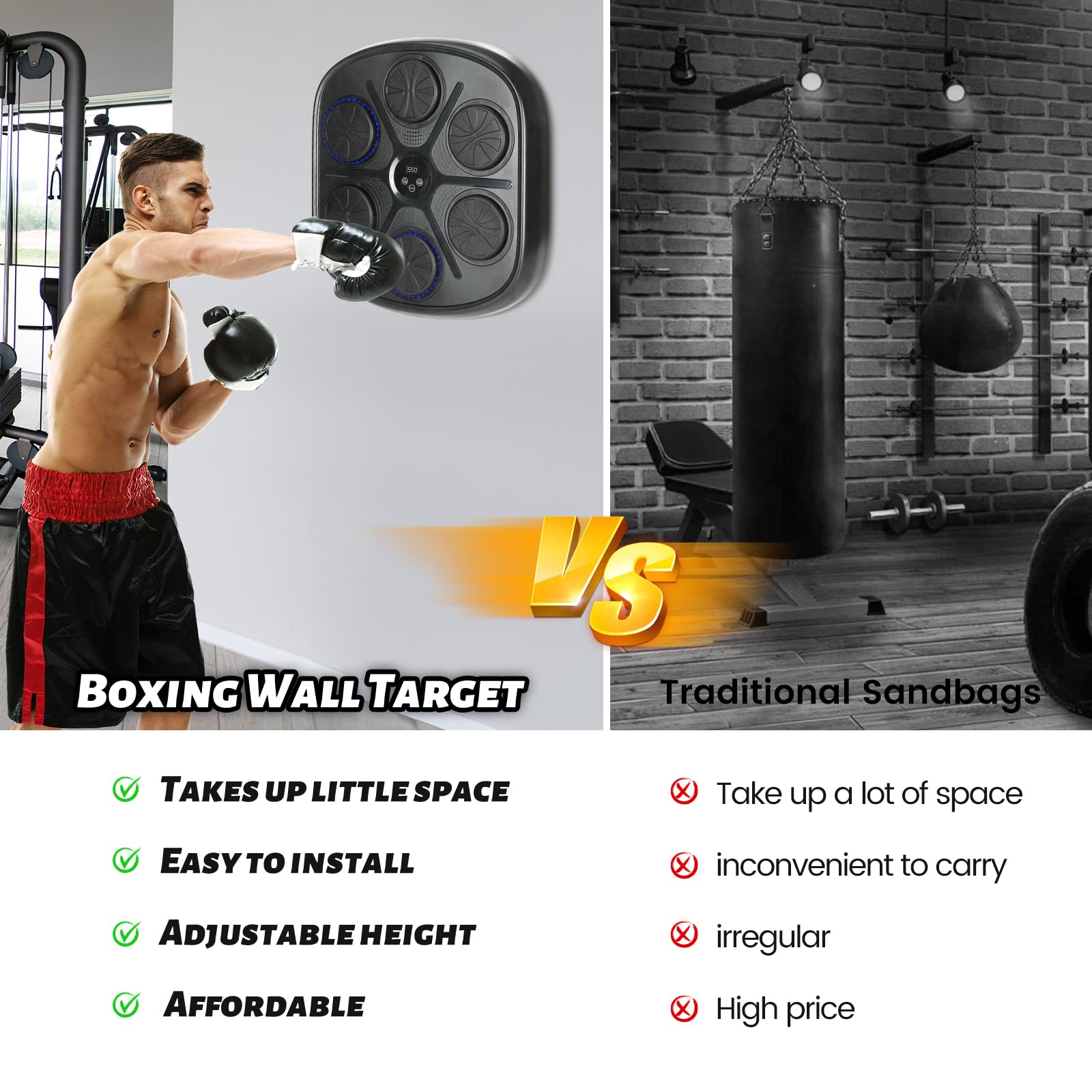 Machine de Boxe Musicale LED Boxsack Mural avec Bluetooth, 9 Modes de Vitesse, Mode Compteur, Entraînement d'Agilité