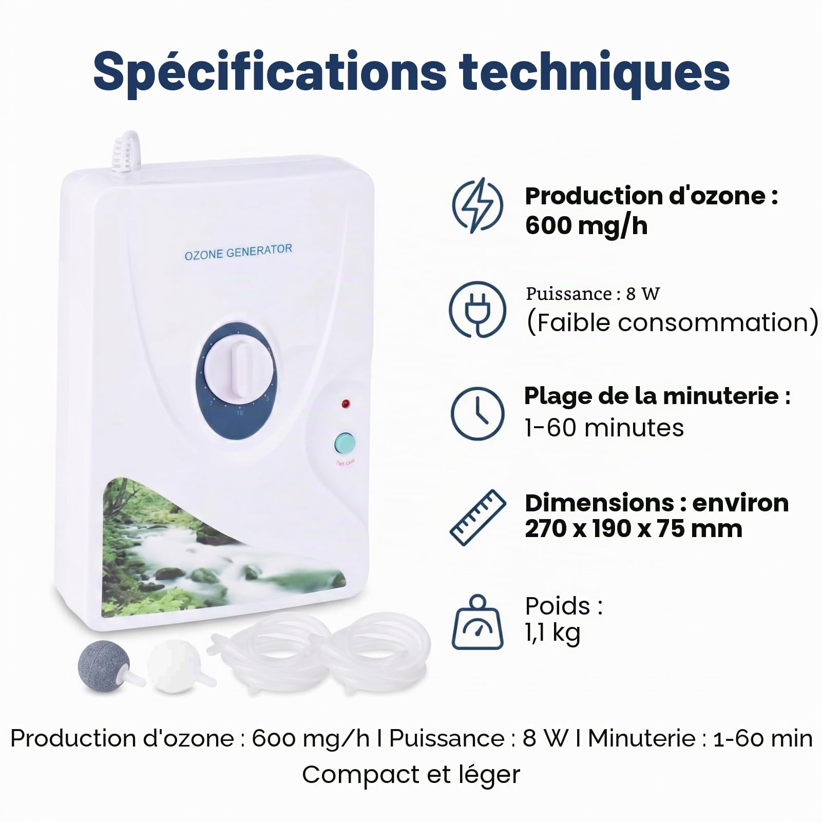 Générateur d' 30000mg/h, Purificateur d'Air et d'Eau avec Minuterie 120 min pour Maison, Bureau et Voiture