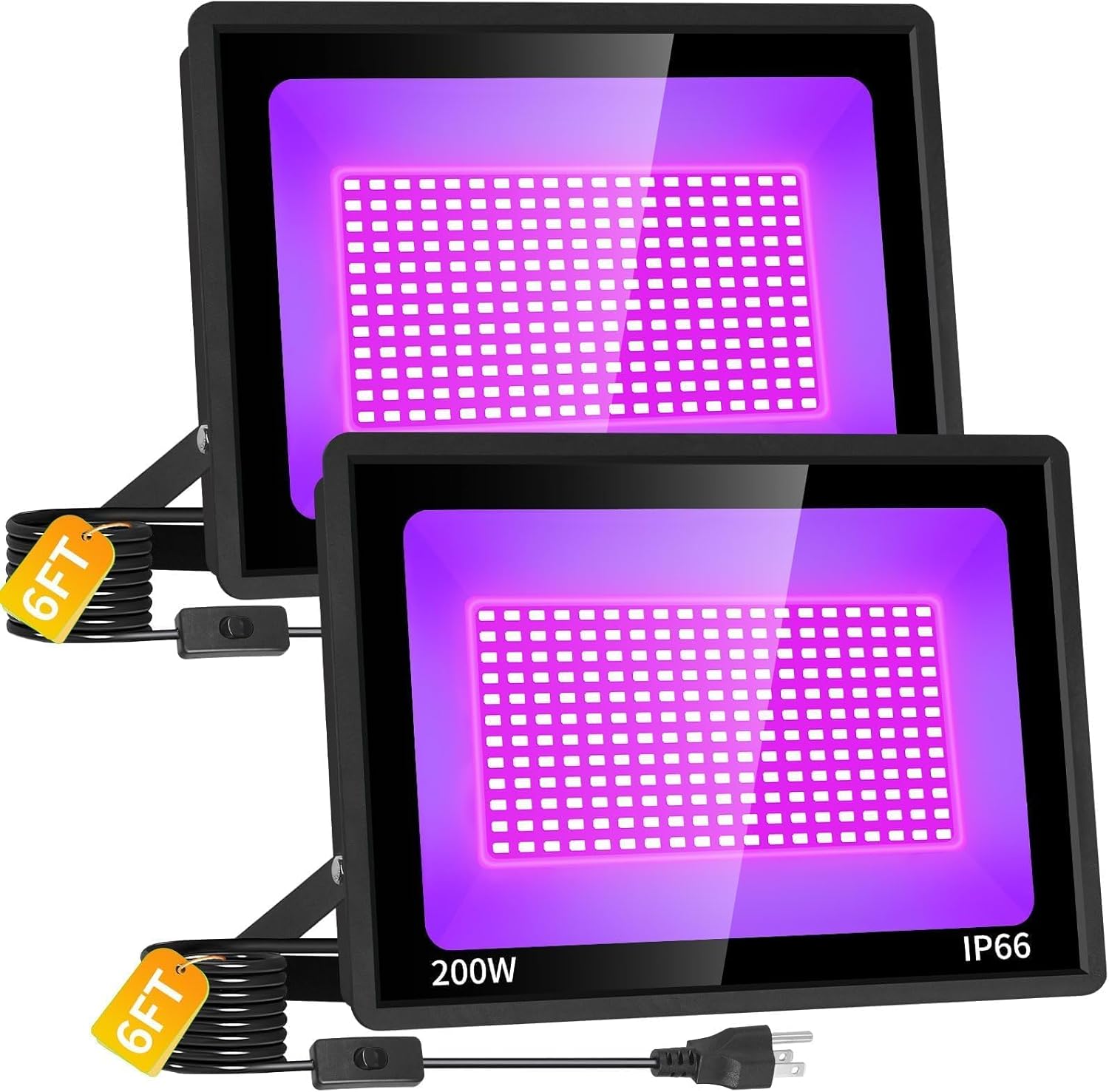 2 Pack 200W LED Black Light Floodlight, IP66 Waterproof Outdoor Blacklights with 6FT Cord for Glow Party Large Space, Halloween Decoration, Stage 200W-2Pack