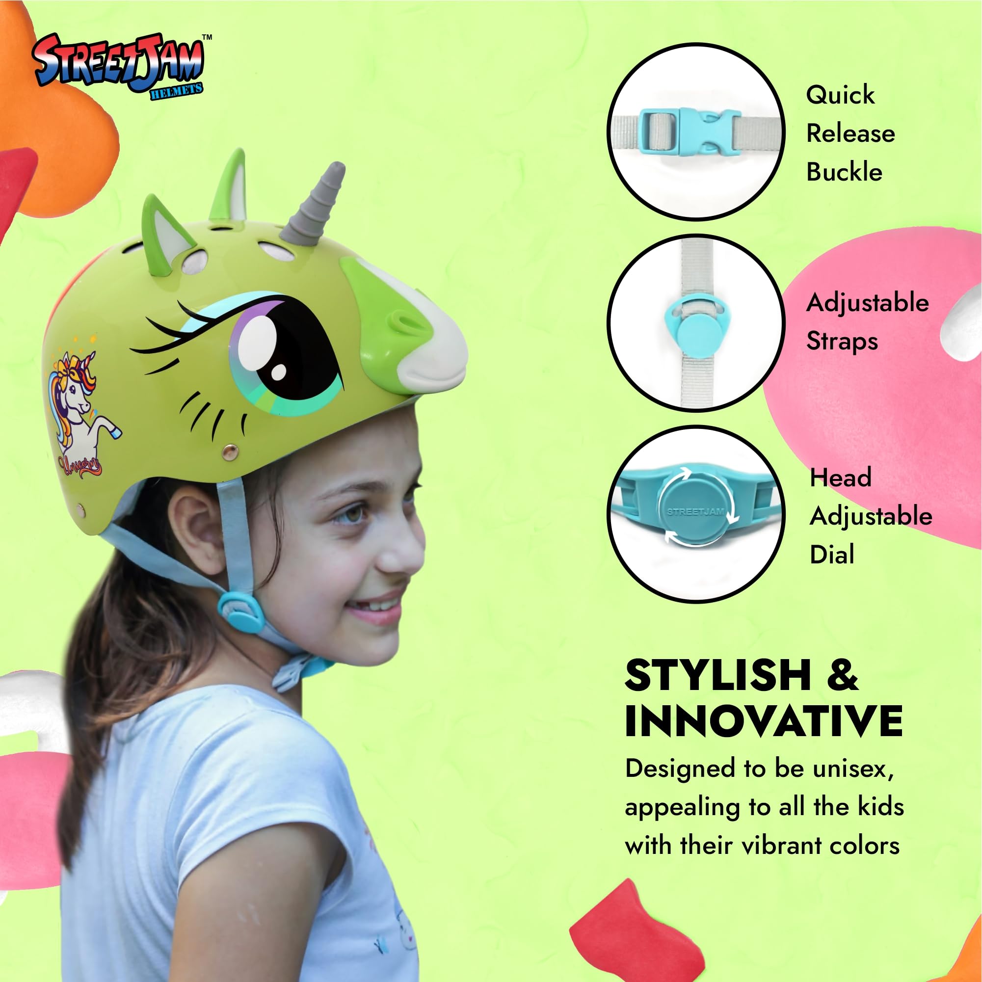 STREETJAM Magic Unicorn Open Face Sports Helmet for Kids, Hard PP Outer Shell, EPS Inner Comfort Linner case, Adjustable Strap & Adjuster Dial, Unisex Helmet for Cycling (5-8 Years, Light Green) 2