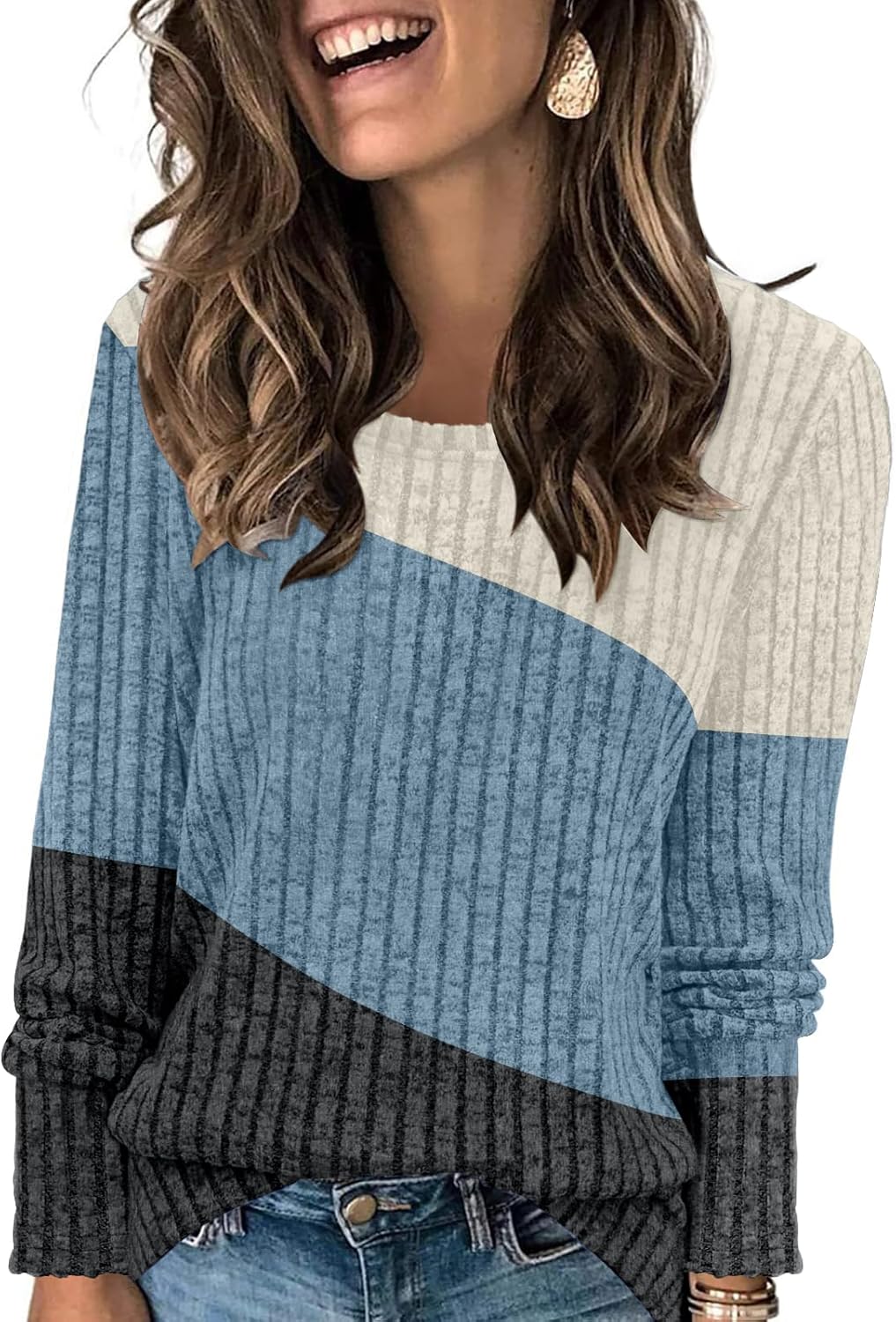 AYIFU Womens Lightweight Sweaters Long Sleeve Knit Color Block Sweater Crewneck Tops for Casual Fall Winter Tunic