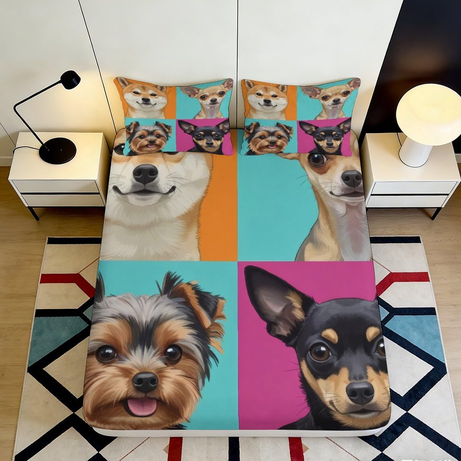 3D Printed playful dog Fitted Sheet, soft touch Microfiber, anti-slip, easy care, apartment bedding, colourful home decor, bedroom or guest room use, wrinkle resistant, chars 120x200x25cm