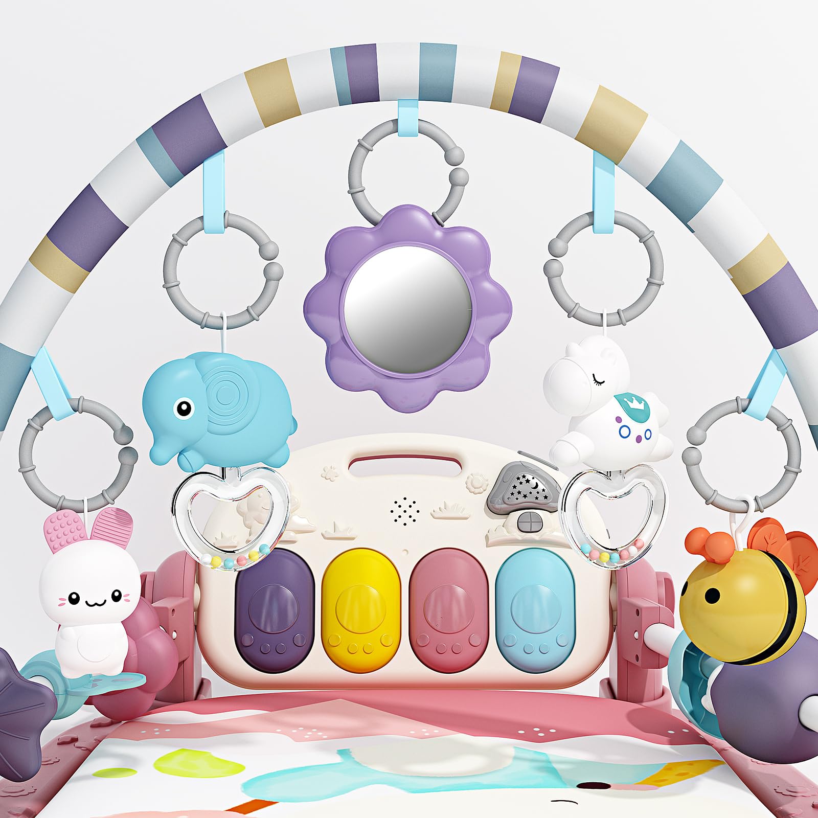 Jovow Tapis d'éveil Bébé avec Piano, Tapis de Rampement pour Bébé avec Lumières et Musique, Tapis de Jeu pour Bambine avec Arche de Jeu et Jouets Amovibles, Cadeau pour bébé de 0 à 36 Mois