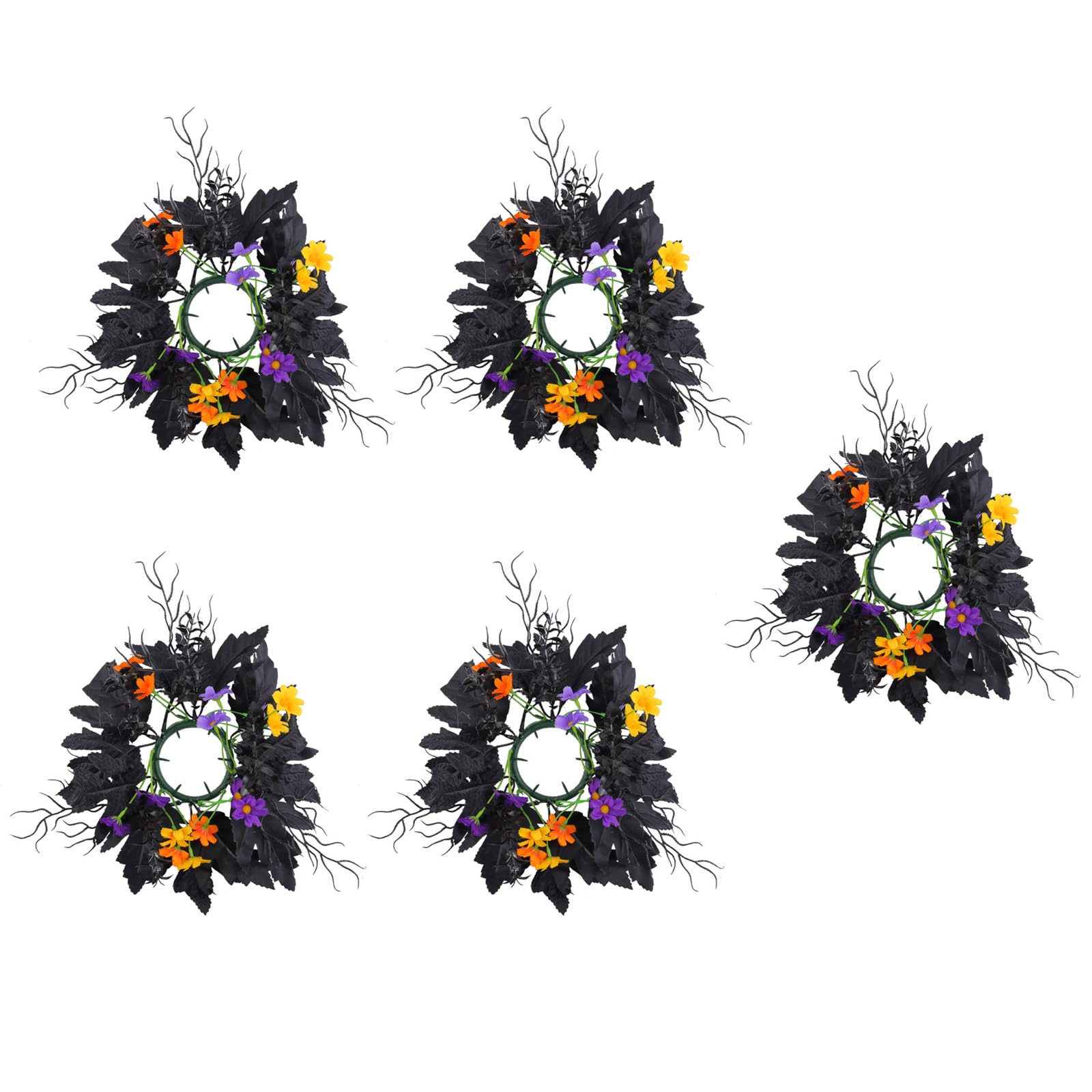 Buxuaaaa Colorful Flowers 5Pcs Florals Rings Wreaths Artificial Flower Wreath With Black Leaves For Halloween Centerpieces Decors Festival Table Centerpieces Rings