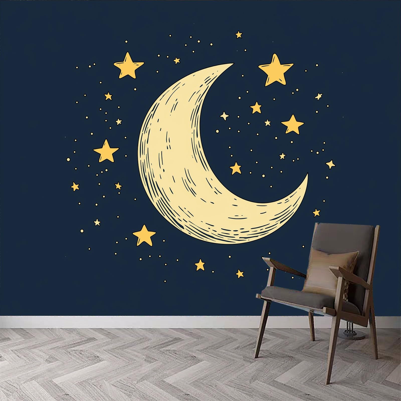 Tapeta ścienna z księżycem i gwiazdami w stylu Doodle, fototapeta, księżyc i gwiazdy, tapeta ścienna, 400 x 280 cm (szer. x wys.), dekoracja ścienna, tapeta dekoracyjna, tapeta ścienna, tapeta do