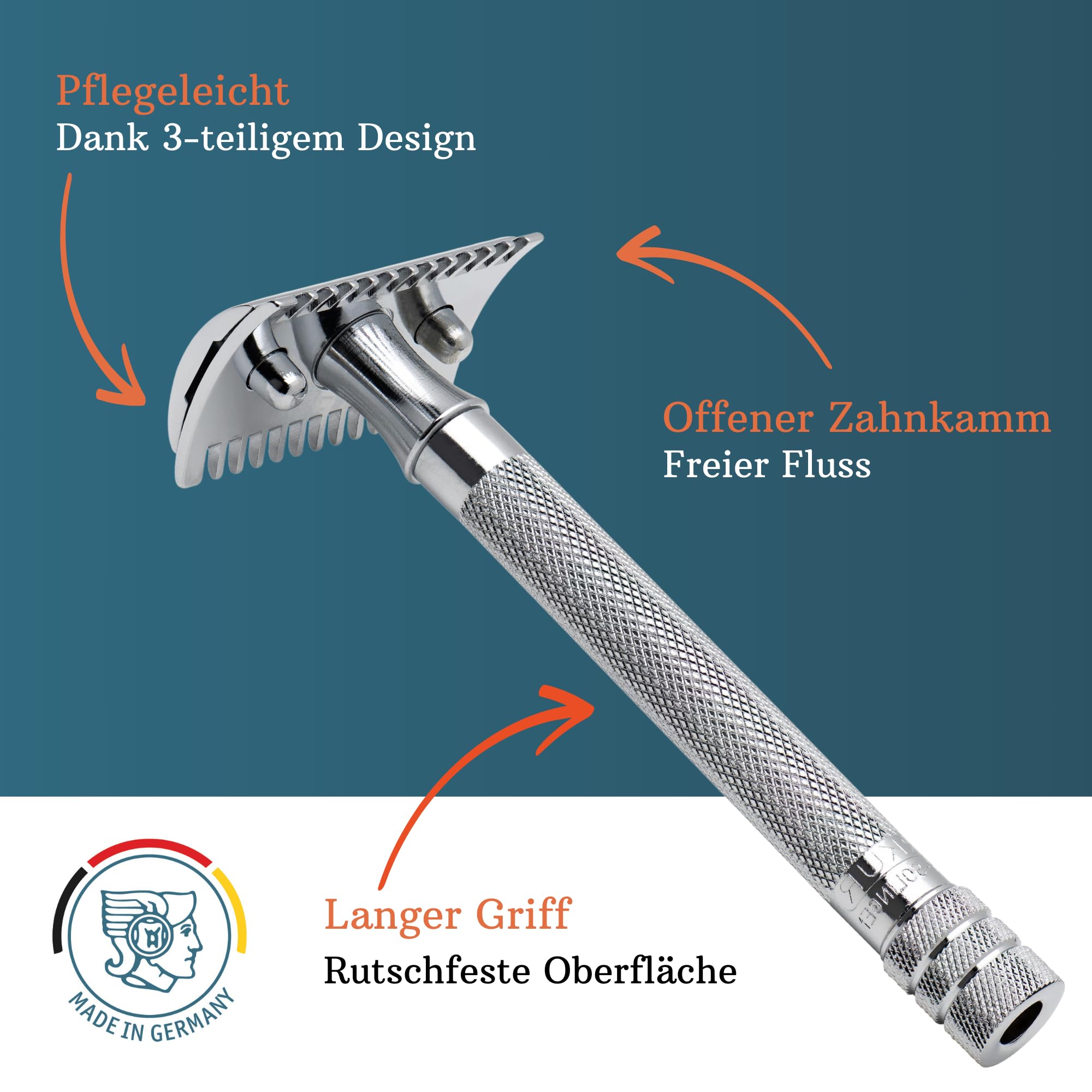 MERKUR Maquinilla de afeitar 25C | Clásica con peine de dientes cromado brillante | Maquinilla de afeitar de tres piezas con corte recto | Peine abierto | Ideal para el afeitado en húmedo | Zinc
