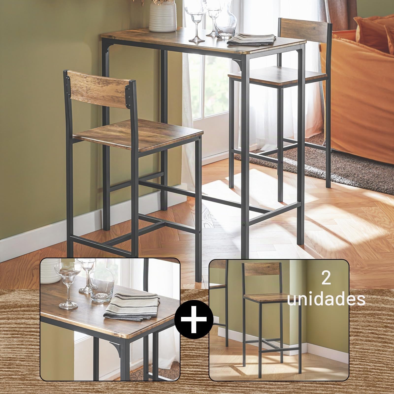 SoBuy Conjunto Mesa Alta de Cocina con 2 taburetes Altos – Mesa Barra Cocina 100 cm Altura – Ahorra Espacio para Comedor pequeño o balcón – Estilo Industrial Madera y Metal OGT03-XL