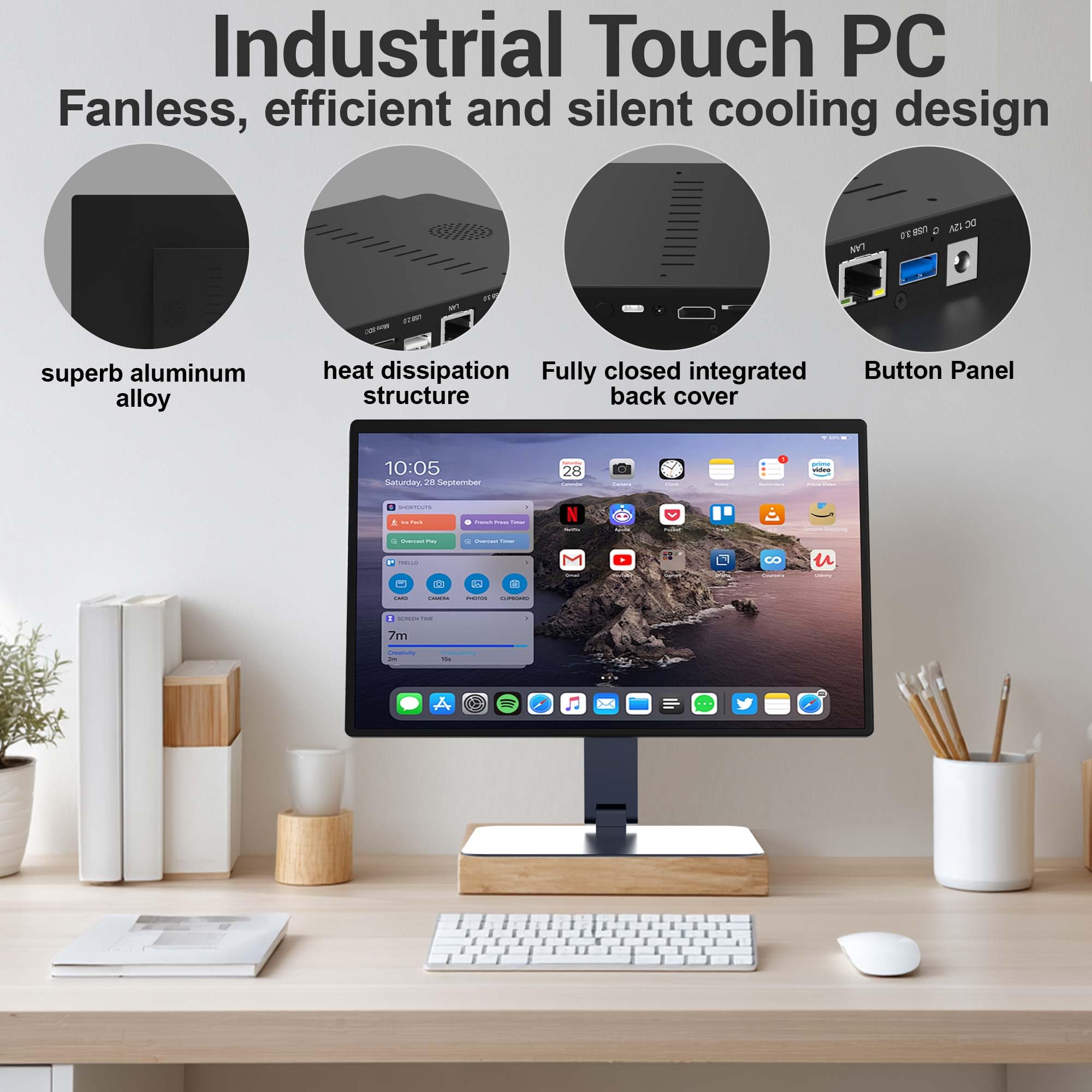 39.6 cm All-in-One przemysłowy panel PC bez wentylatora, komputer z ekranem dotykowym Android 12 z obrotowym mocowaniem VESA, wytrzymały tablet RK3399, 4 GB RAM, 64 GB ROM, 1920 x 1080 IPS, USB 3.0