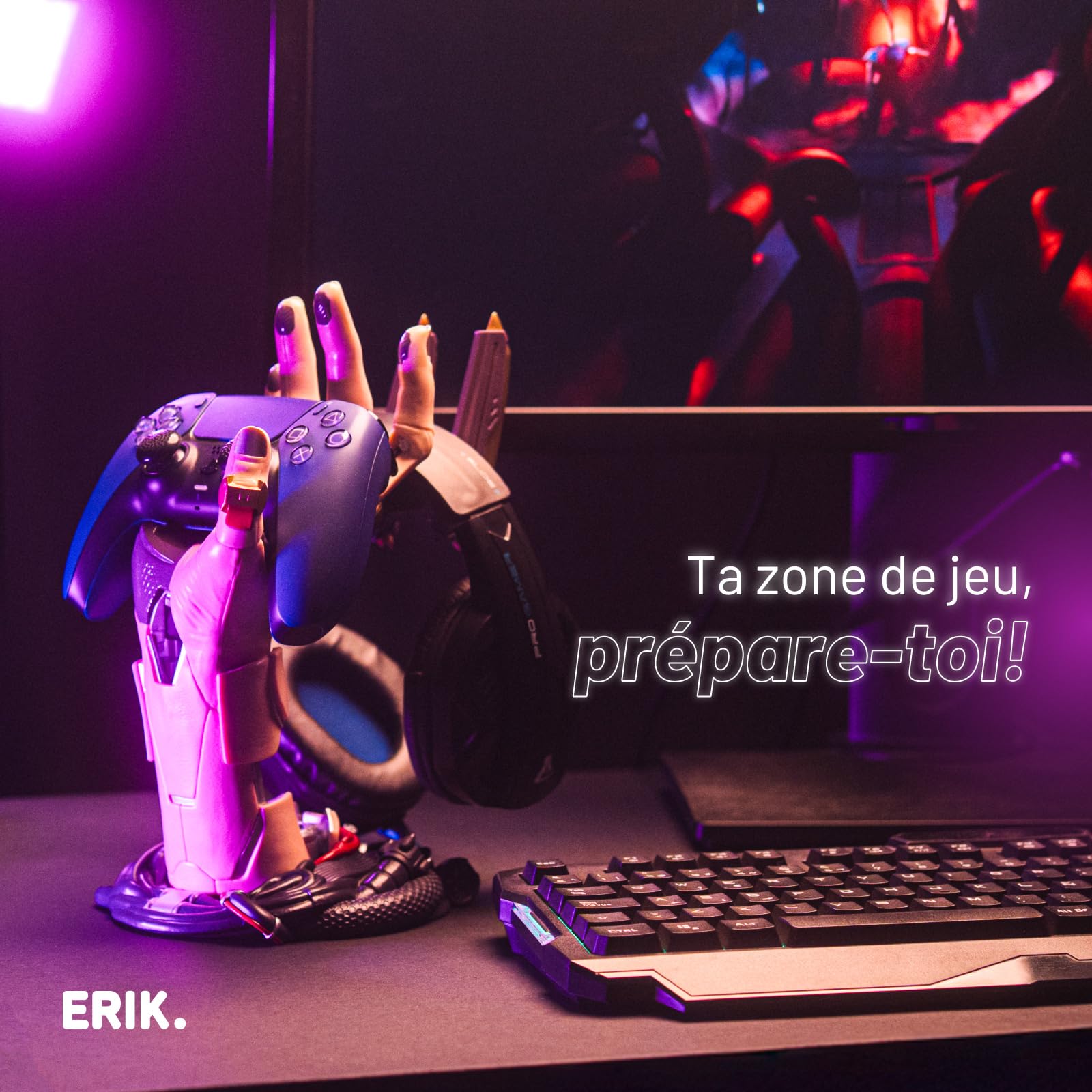 Grupo Erik Support Casque Gamer et Support Manette Cyberpunk | Porte Casque Gamer | Accessoire Gaming Merchandise, Accessoire PS5, Deco Gaming | 16 x 20 x 27,5 cm | Porte Casque Gamer 16 x 20 x 27,5 cm, Accessoire Gaming Merchandise