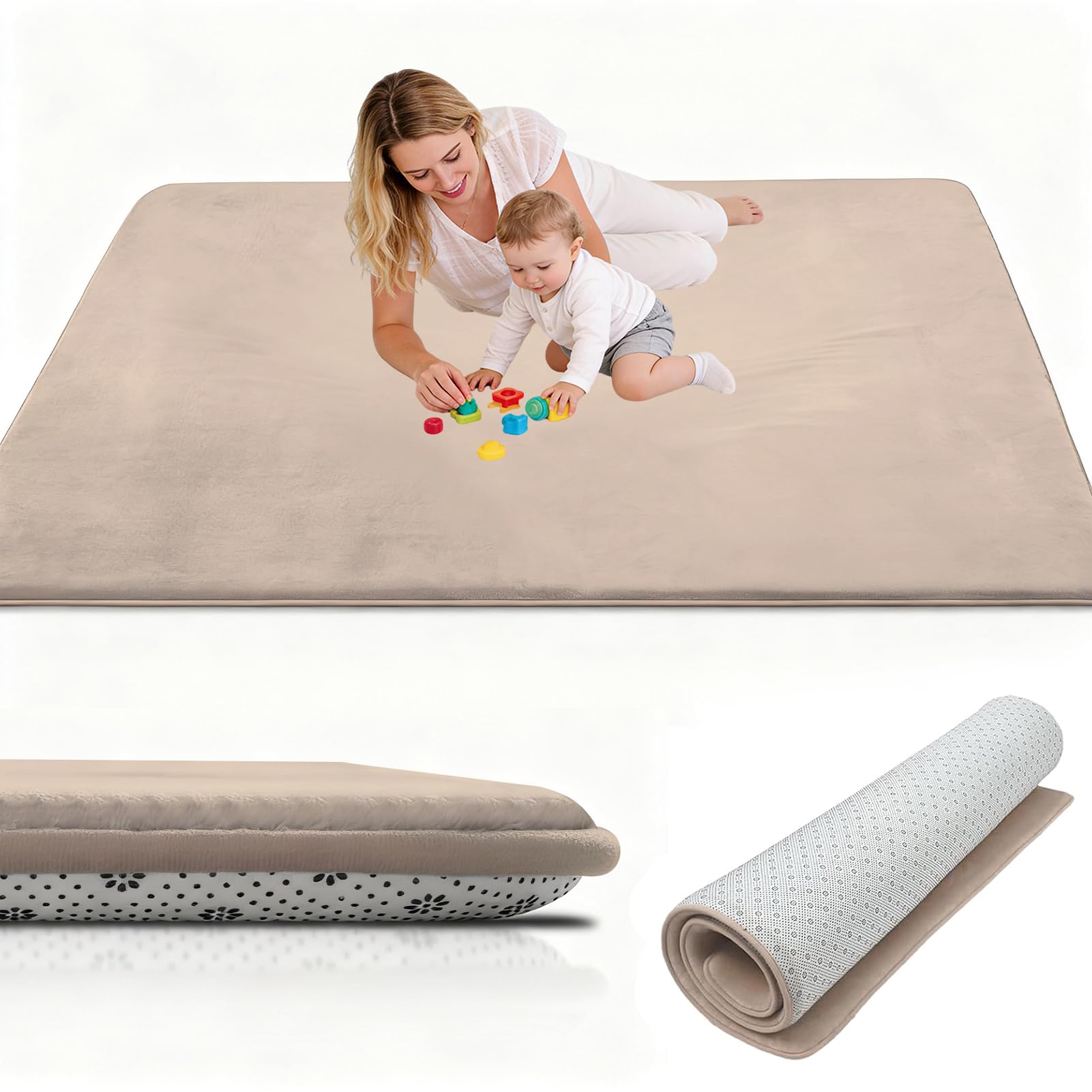 Tapis de Jeux Bebe Epais pour Chambre, Mousse motricité Tapis antidérapant Tapis d'éveil et de Jeux Epais 2cm, Tapis Sol Bebe Chute de lit Enfant Parc 70 x 160 cm Brun Clair