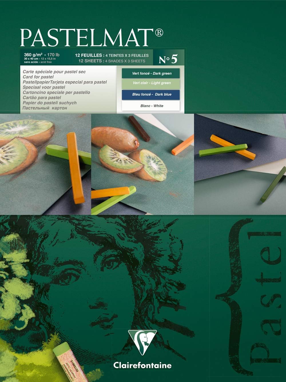 Clairefontaine 696019C Paquet Papier Pastelmat - 5 Feuilles Carte Spéciale pour Pastels Secs - A3 29,7x42 cm 360g - Gris Foncé
