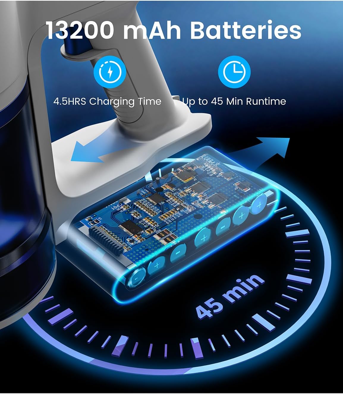 Vacuum Cleaner,450W Powerful Suction, 50-Min Long Runtime, Anti-Tangle Brush, Smart LED Display, Lightweight Cordless Stick Vacuum Cleaner for Pet Hair, Hard Floors, Carpet & Home