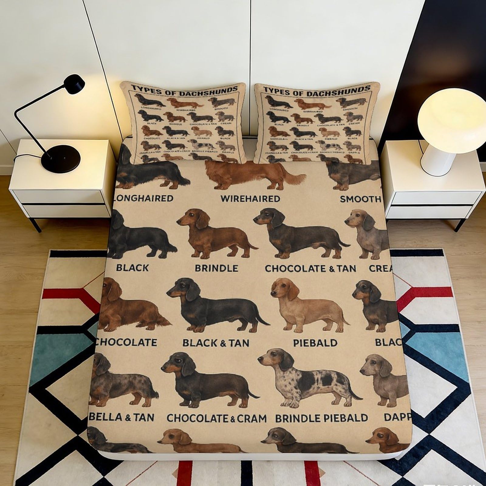 3D Printed Dachshund Pattern Fitted Sheet Microfiber Soft Breathable Sausage Dog Bed Cover for Bedroom Dorm Decor 90x200x25cm