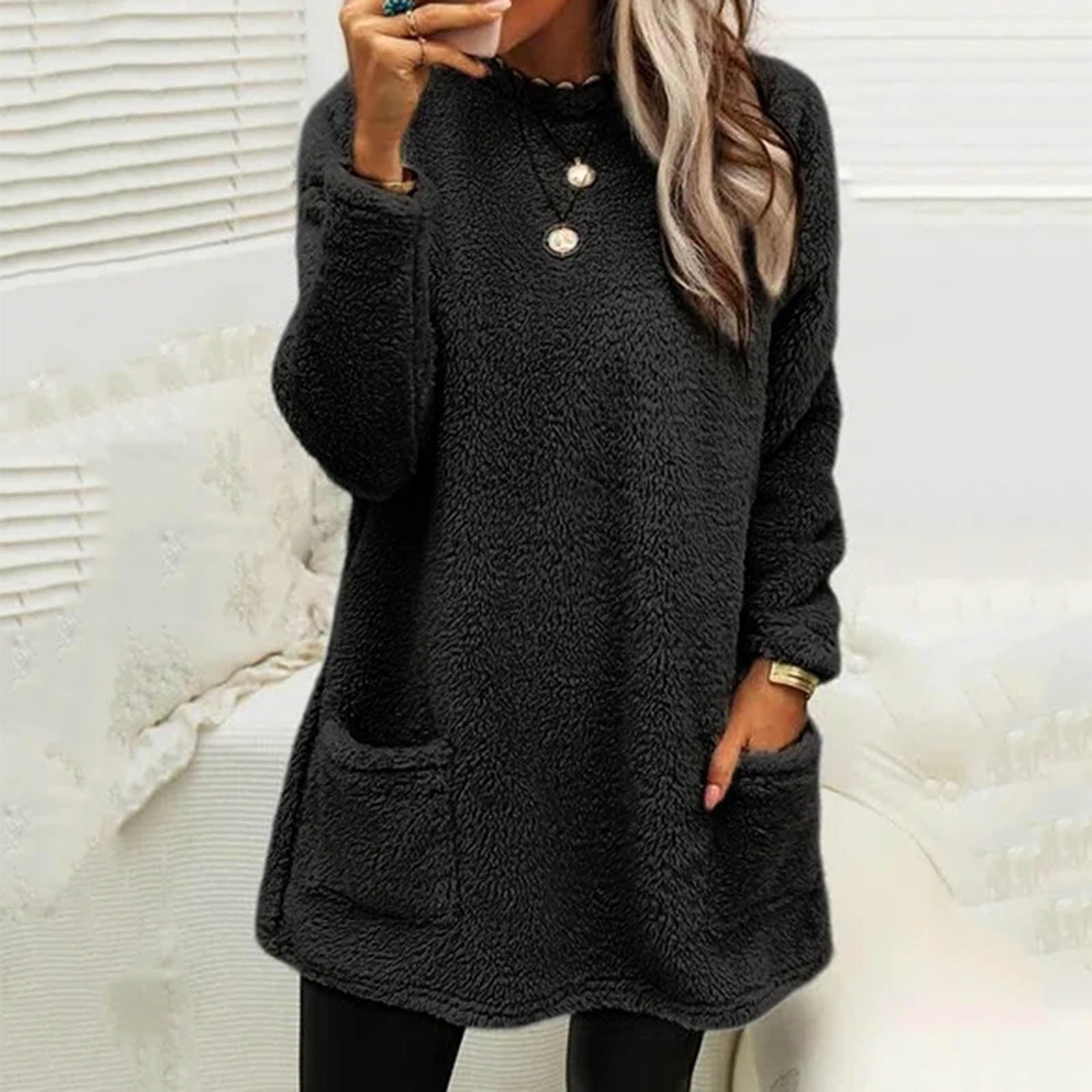 Maglione lungo in pile, per adolescenti, ragazze, maglione invernale a maniche lunghe, in tinta unita, felpa con cappuccio