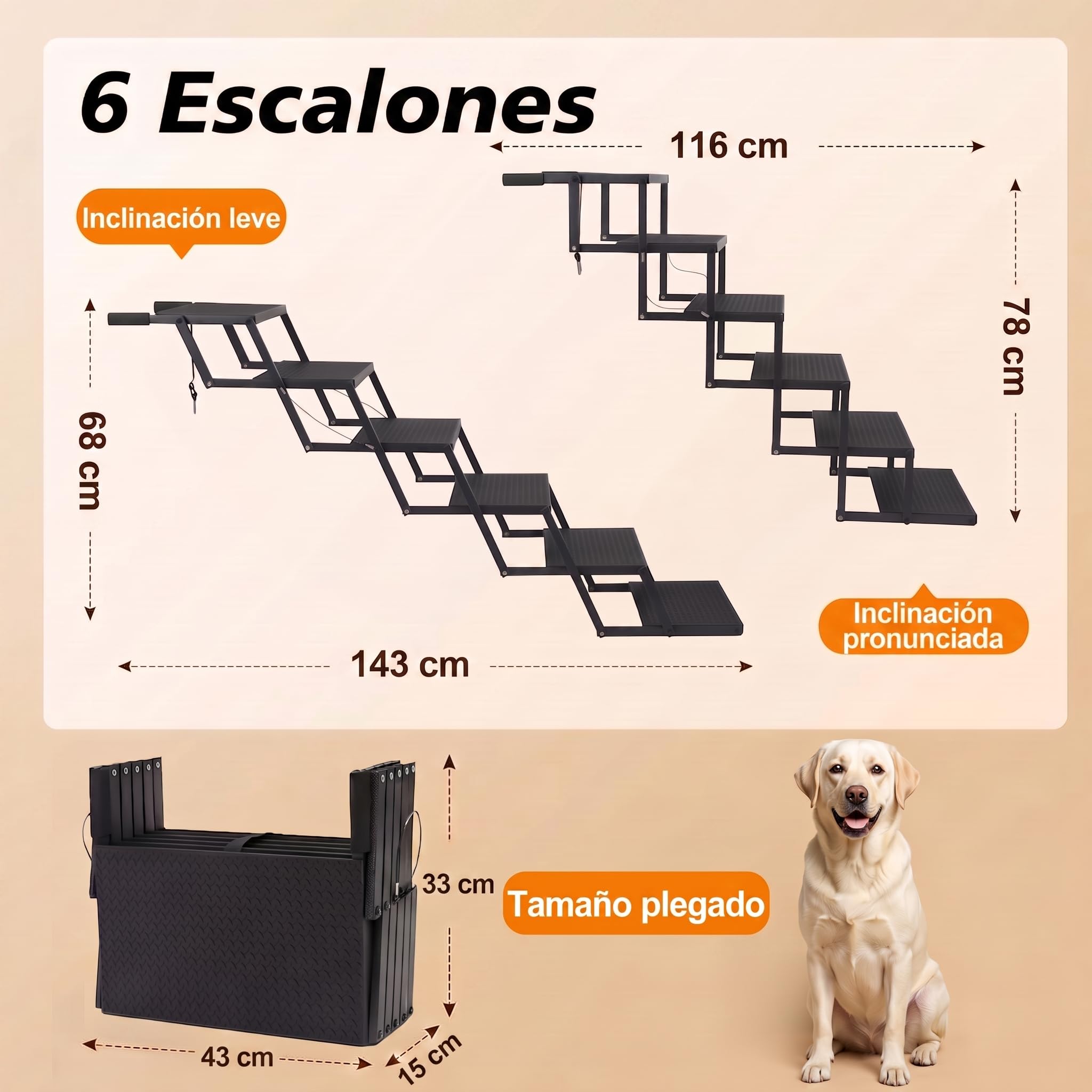 Niubya Escalera Plegable para Perros para Coche, SUV, Camión – 6 Peldaños, Antideslizante, Soporta hasta 113 kg, Ancha (43 cm) – Ideal para Perros Grandes, Mayores o con Problemas de Movilidad