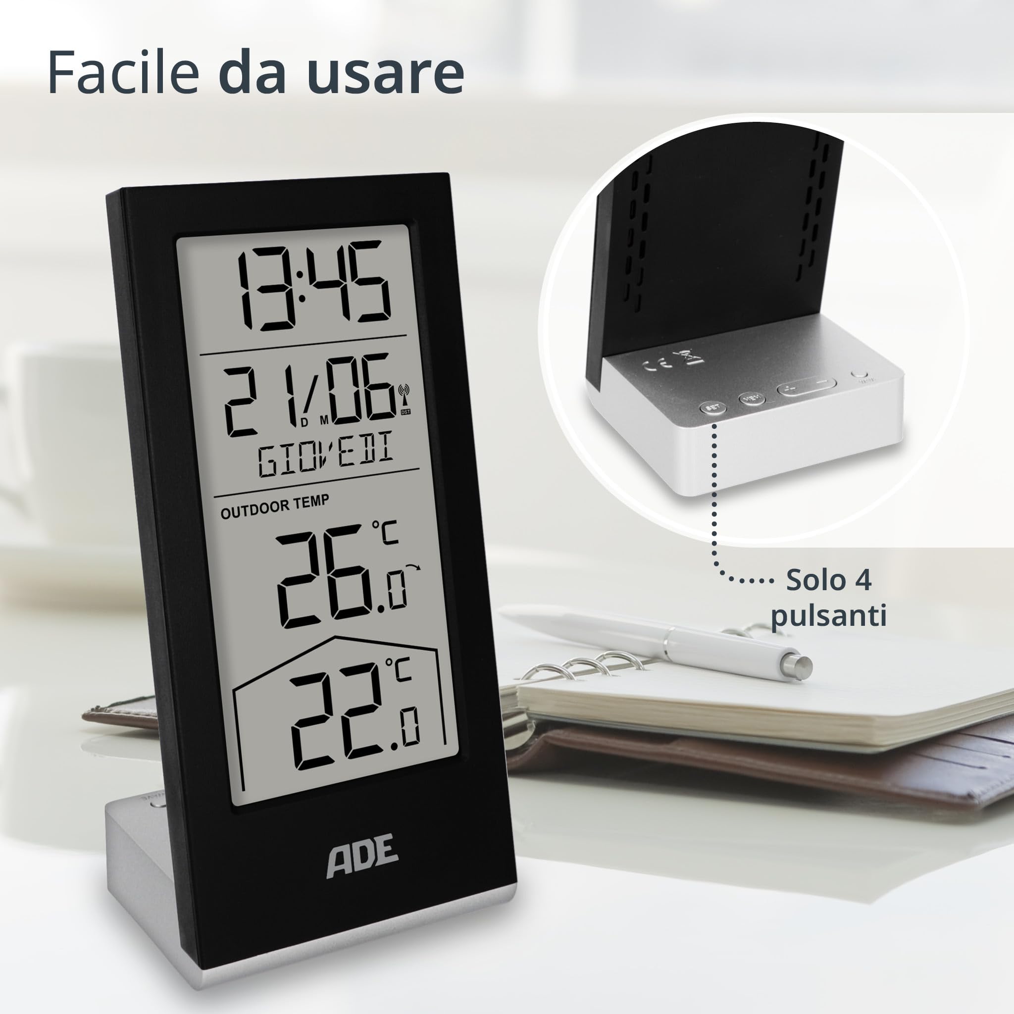 ADE Stazione meteorologica digitale con sensore esterno | termometro per temperatura interna ed esterna | orologio e calendario radiocontrollato con giorno della settimana | batterie incluse | nero