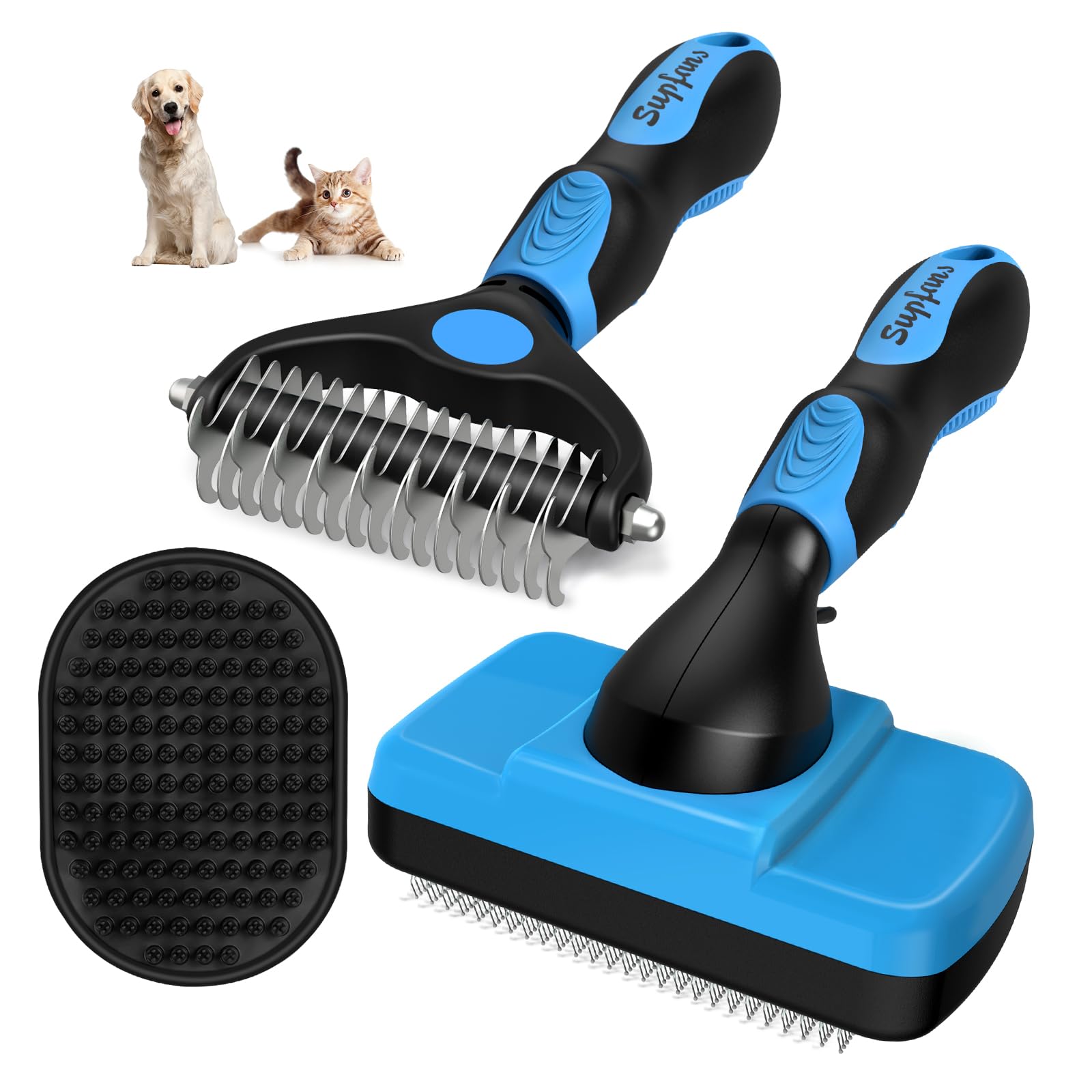 3PCS Dog Grooming Kit - Deshedding Brush, Slicker Brush, Bath Brush and Comb for Pet Supplies (Blue Black)
