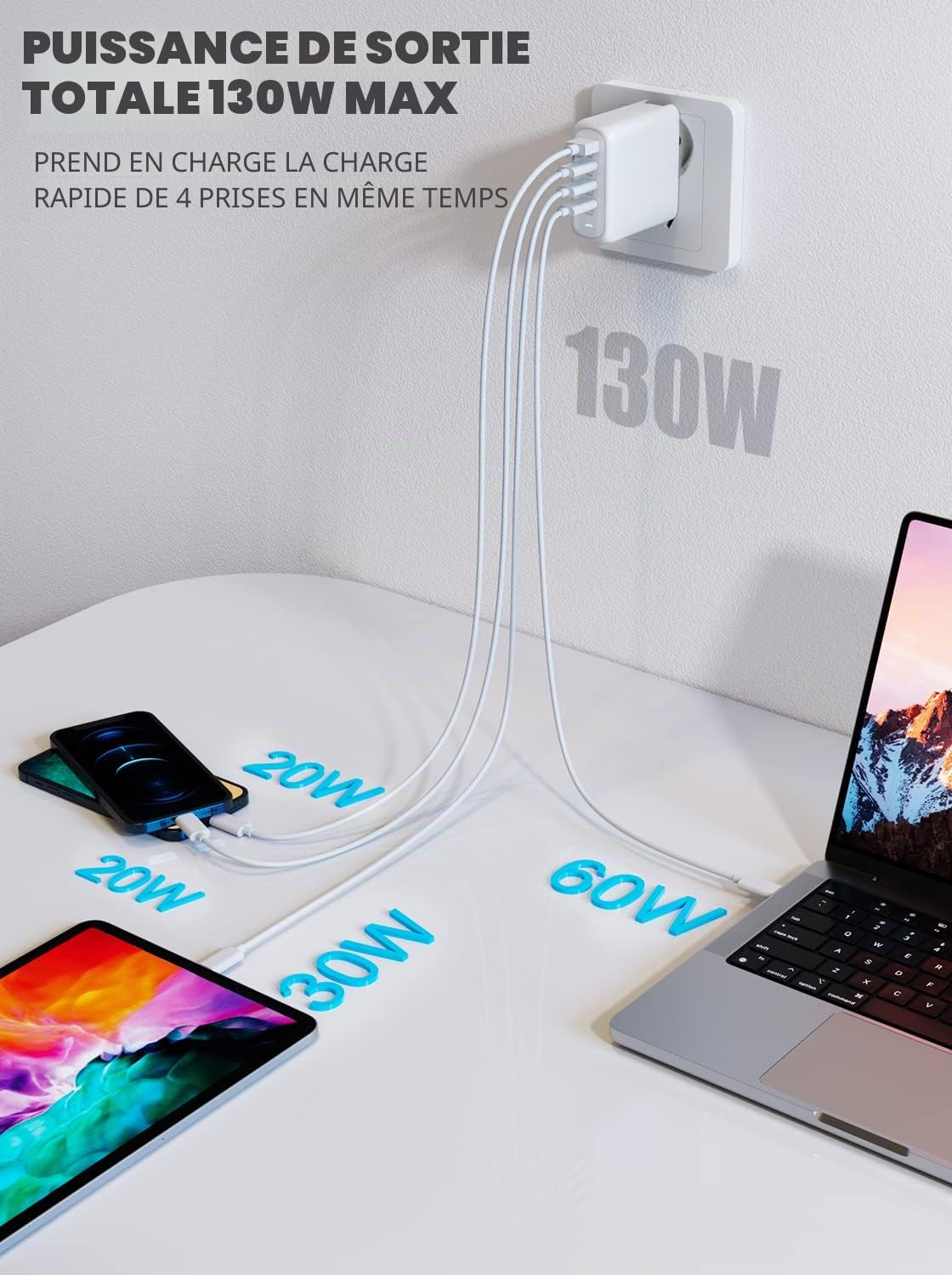 130W USB C Chargeur Rapide, PD 100W+QC 30W PPS PD GaN Chargeur 4 Ports Adaptateur Type C avec Câble 100W pour MacBook Pro/Air, Dell XPS 15, Huawei, iPhone 14/13, iPad Pro, Galaxy S22/S21