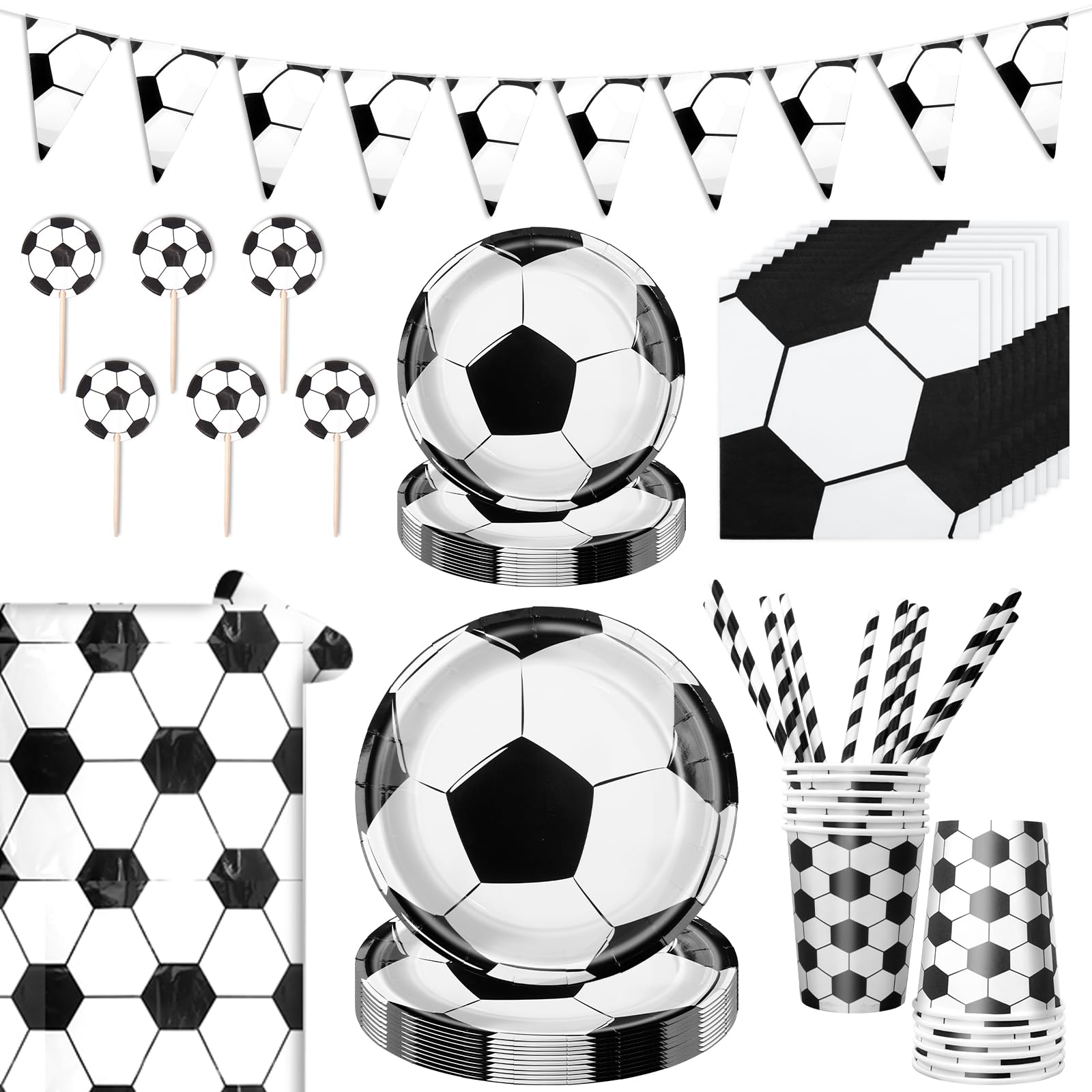 100 Stück Fußball Partygeschirr Set für 20 Gäste, WM 2026 Fussball Partygeschirr Set, Fußball Geburtstag Geschirr, Fussball Pappteller Becher Servietten Strohhalme Fussball Deko Geburtstag Kinder