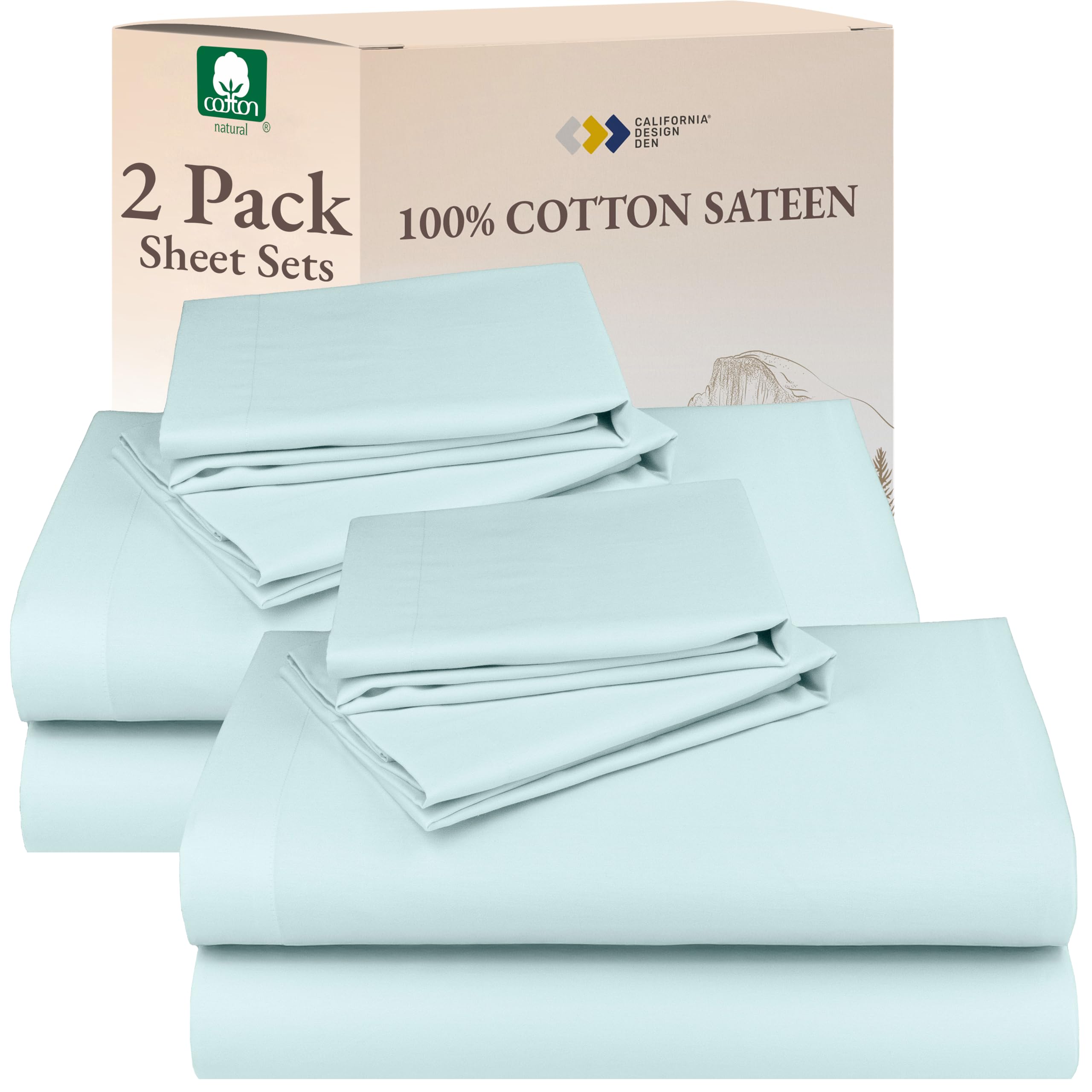 California Design Den California Design Den 100% Cotton Pack of 2 Sheets Set for Queen Size Bed, Soft & Durable Cotton Sheets Deep Pocket, Queen Sheet Set with Sateen Sheets (Seafoam)