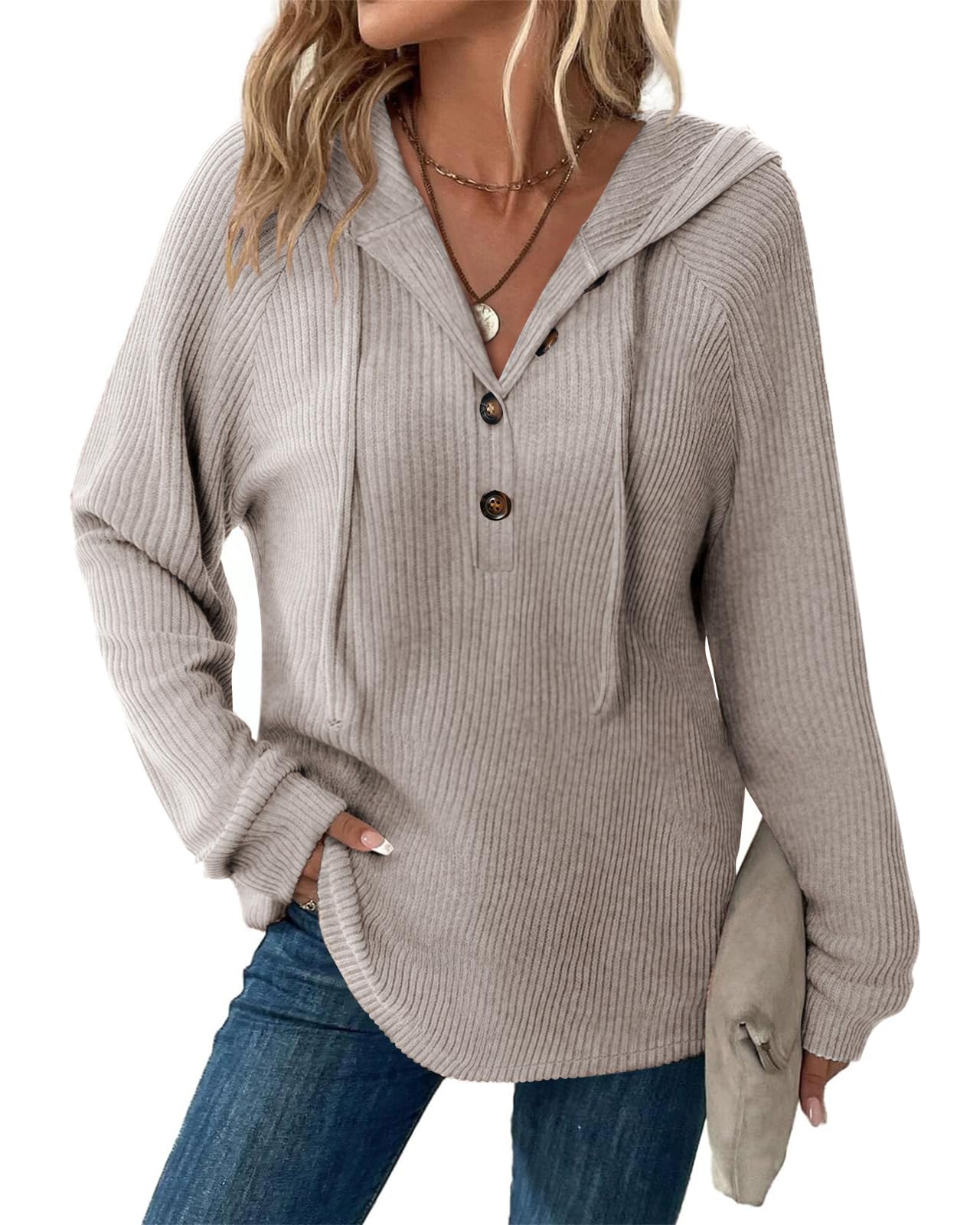 Tanmolo Pullover Damen Hoodie V-Ausschnitt Kapuzenpullover Knopfleiste Leichter Strickpullover Langarm Sweatshirt Tops Khaki-Melange, XL