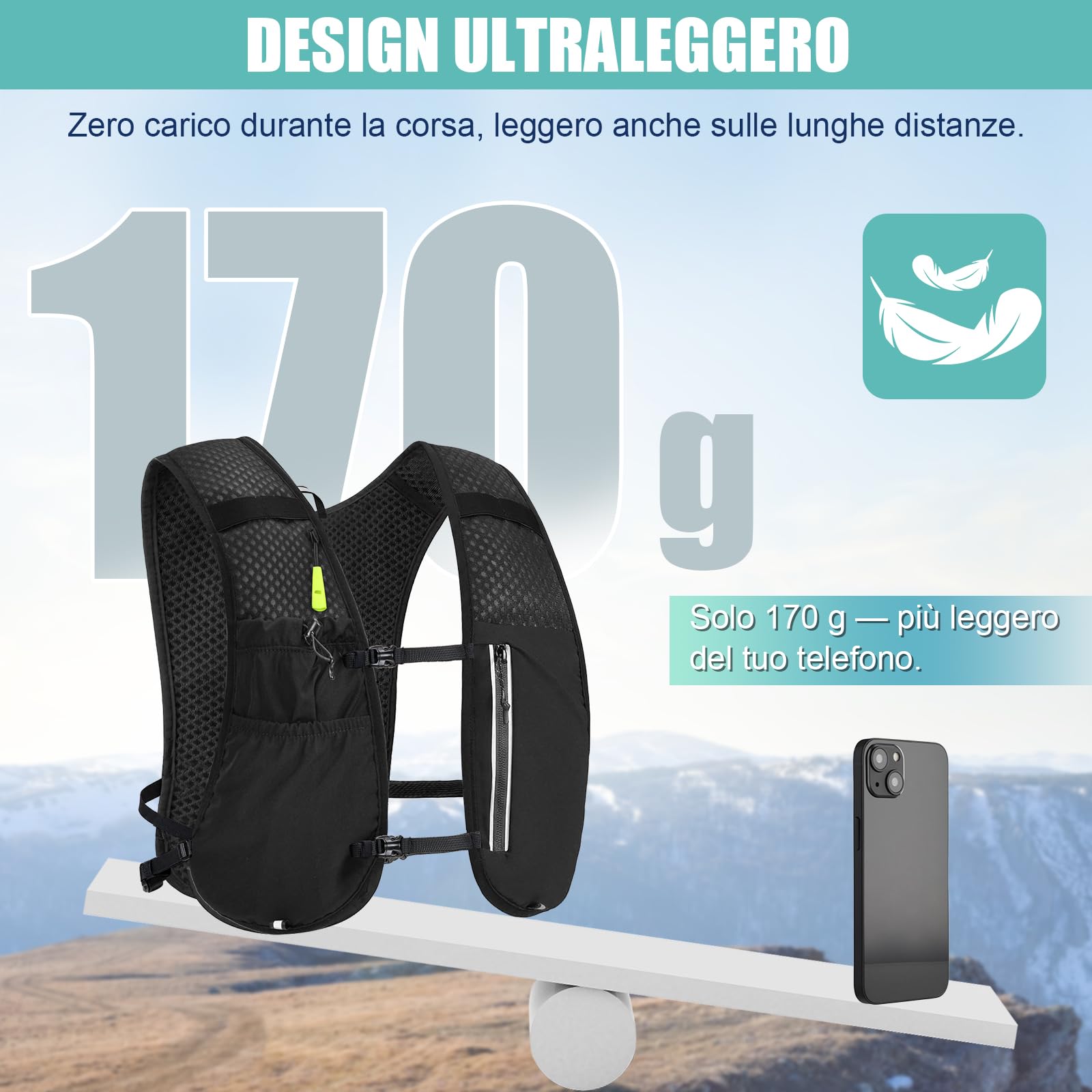 Gilet Running Uomo Donna, Zaino Trail Running, Running Vest con Soft Flask 500ml y Luce LED, Gilet Corsa Traspirante Riflettente per Jogging Marathon Trekking Ciclismo, Leggero Solo 175g